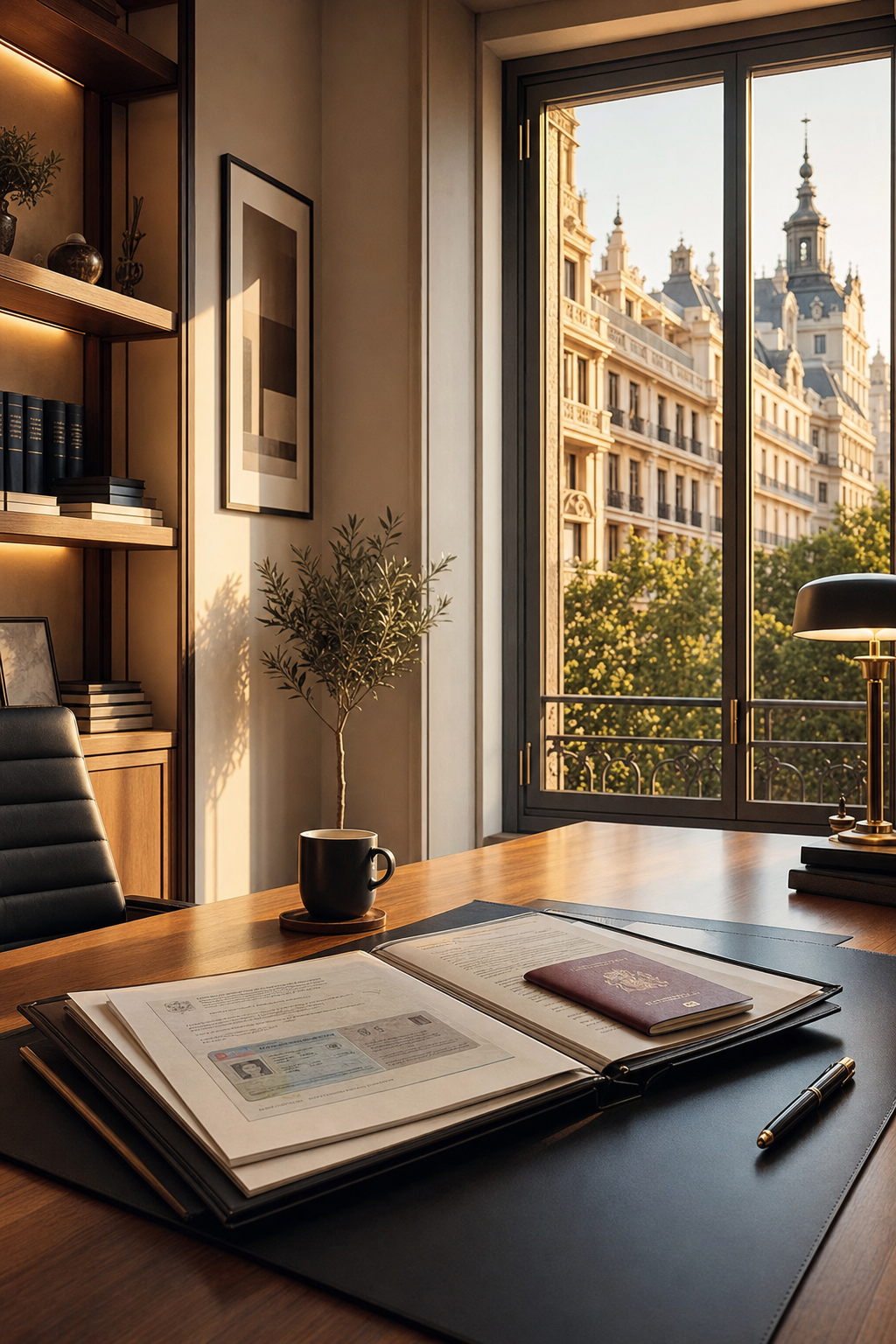 Expert handling of vulnerability reports and housing documentation is key to a successful application. A professional desk with legal documents and a smartphone showing the GOEX Extranjería contact information.