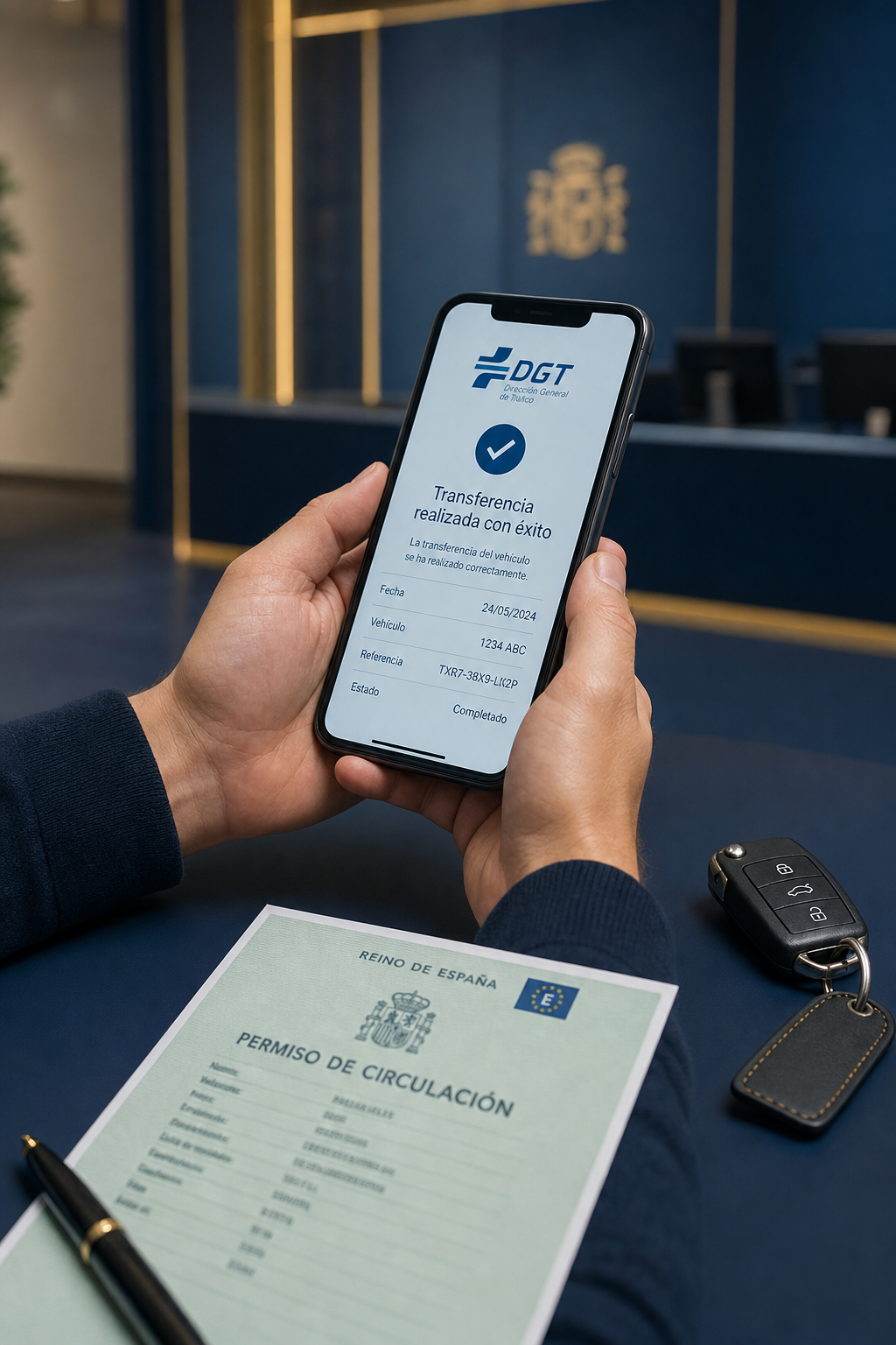 Smartphone mostrando informe DGT con embargo detectado y llaves de coche sobre escritorio profesional en gestoría de Madrid