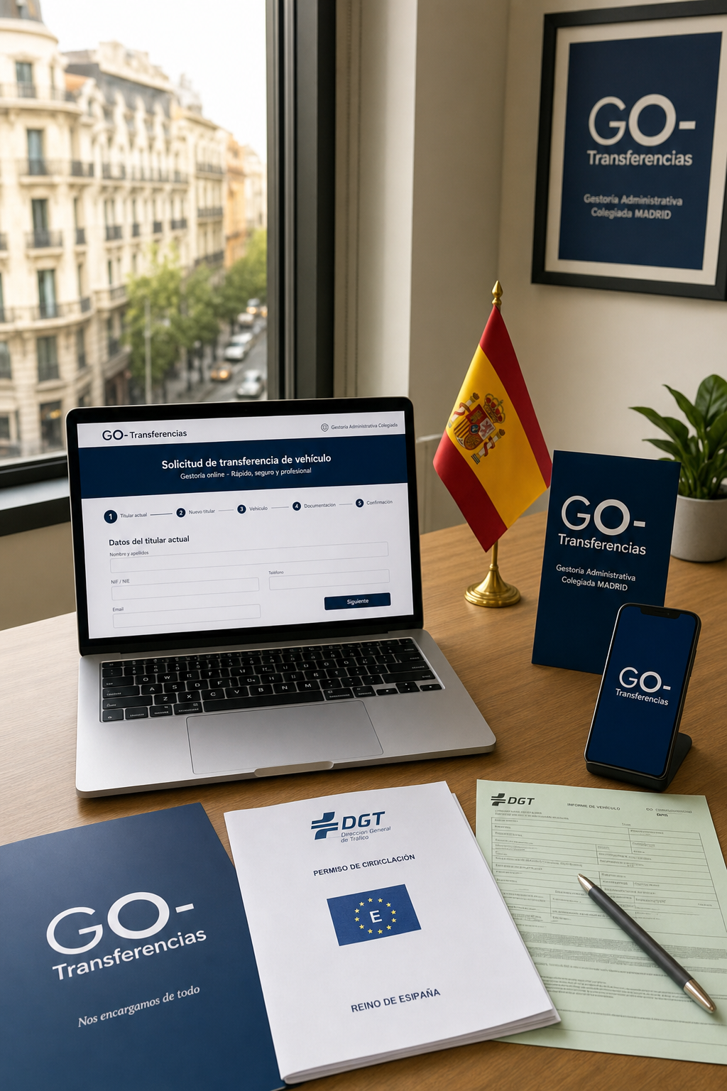 Gestor colegiado en Madrid revisando documentación de notificación de venta DGT