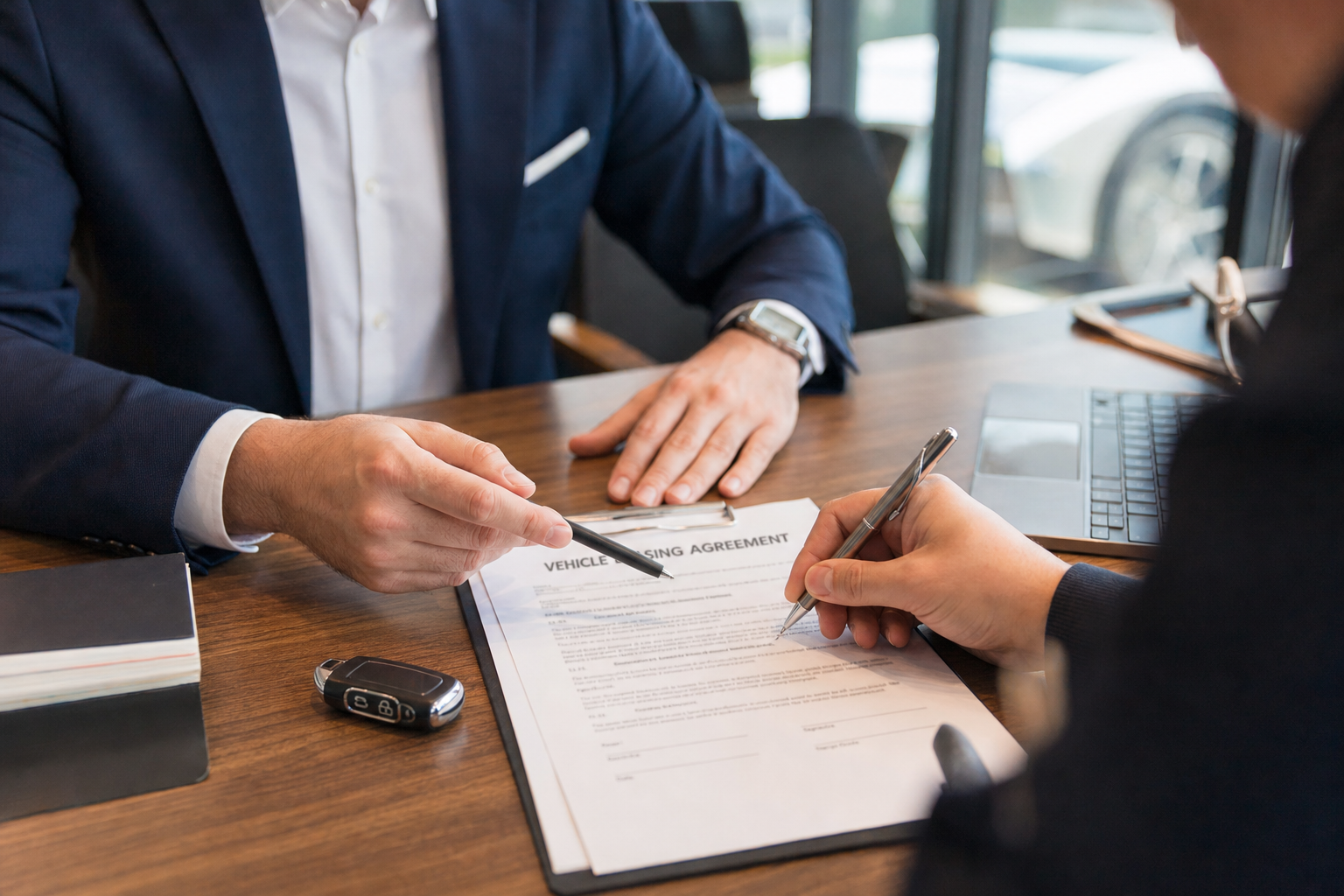 Firma de contrato de leasing de vehículo con asesor financiero
