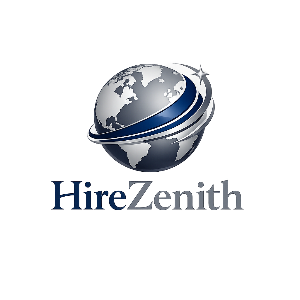Modern logo for HireZenith with a stylized globe and serif typography in deep blue and silver