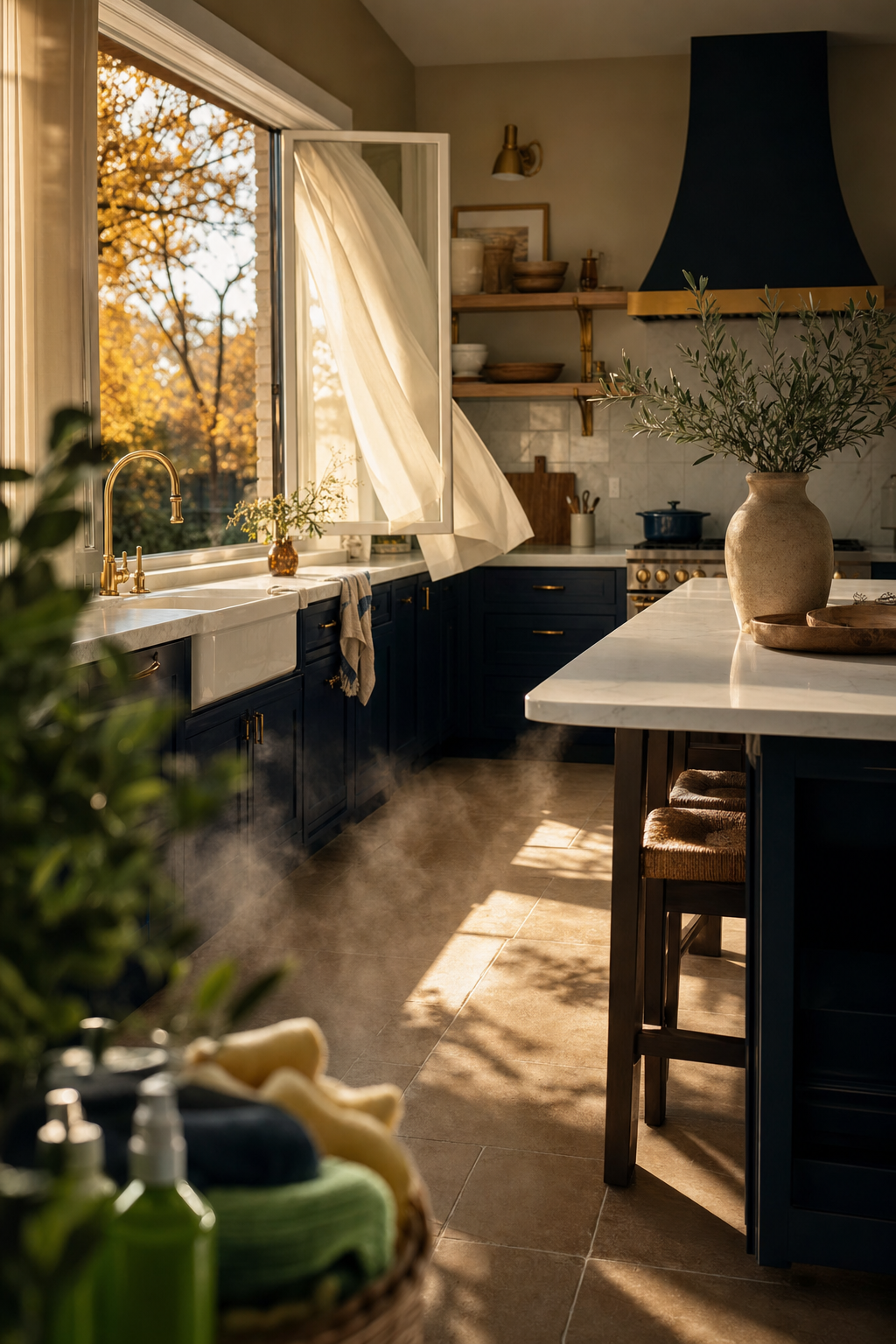Tidying clutter before your team arrives allows them to focus on deep cleaning surfaces. Close up of a professional cleaner tidying a living area with eco-friendly cleaning supplies ready.