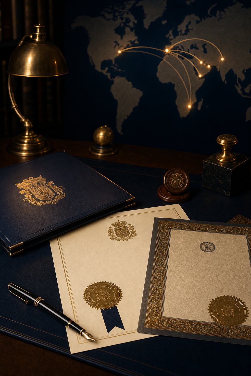 Los títulos universitarios requieren una cadena de firmas específica antes de recibir la Apostilla de La Haya. Primer plano de títulos universitarios y diplomas listos para el proceso de legalización internacional.
