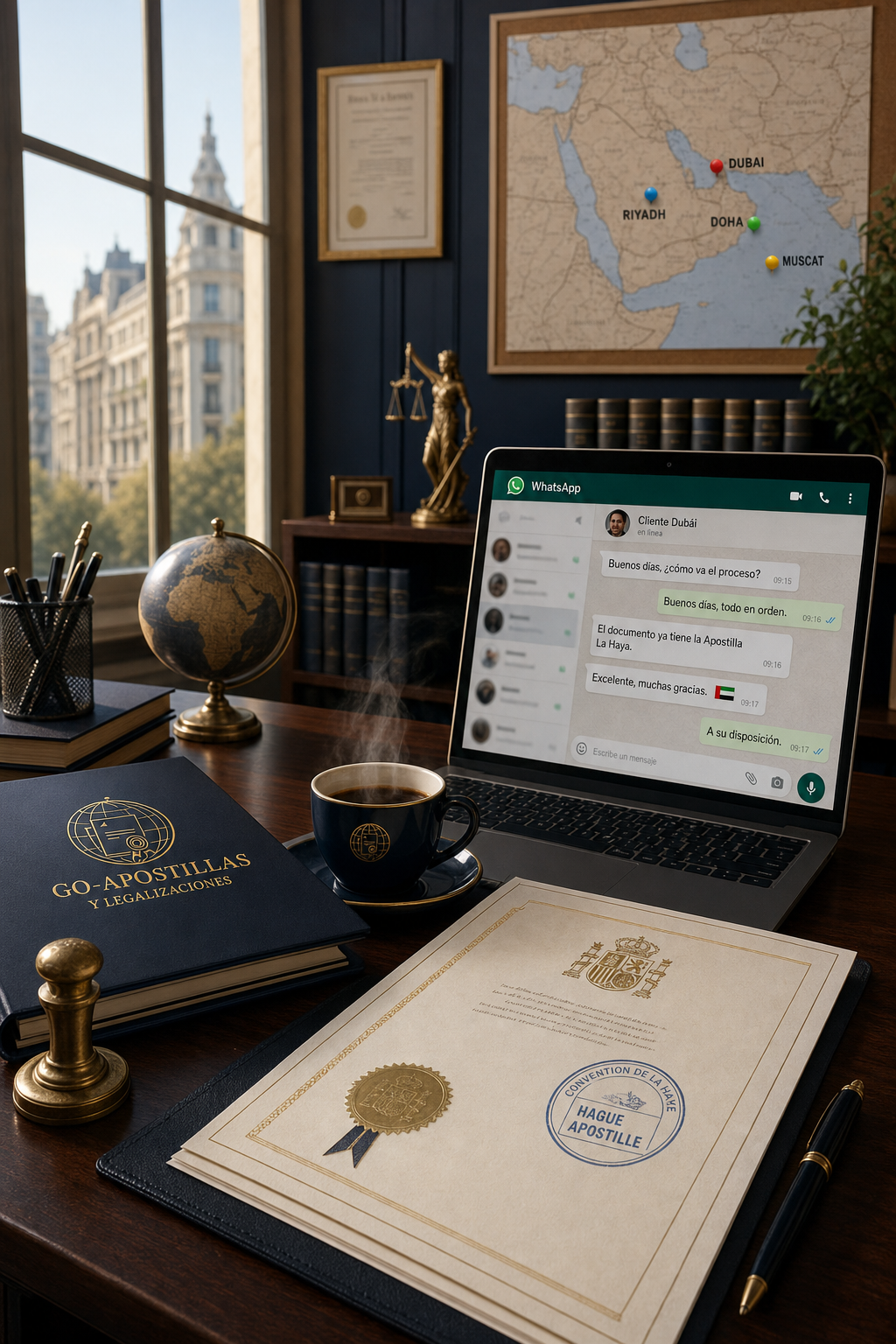 Persona consultando por WhatsApp el estado de su legalización de documentos internacionales con Gestoría RP Madrid