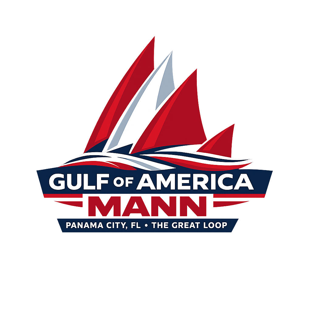 Nautical-themed logo for Gulf of America Mann with sail motifs and red and white color scheme.