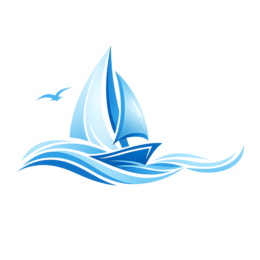 BladeRunner logo with nautical path and sail motifs in blues and whites