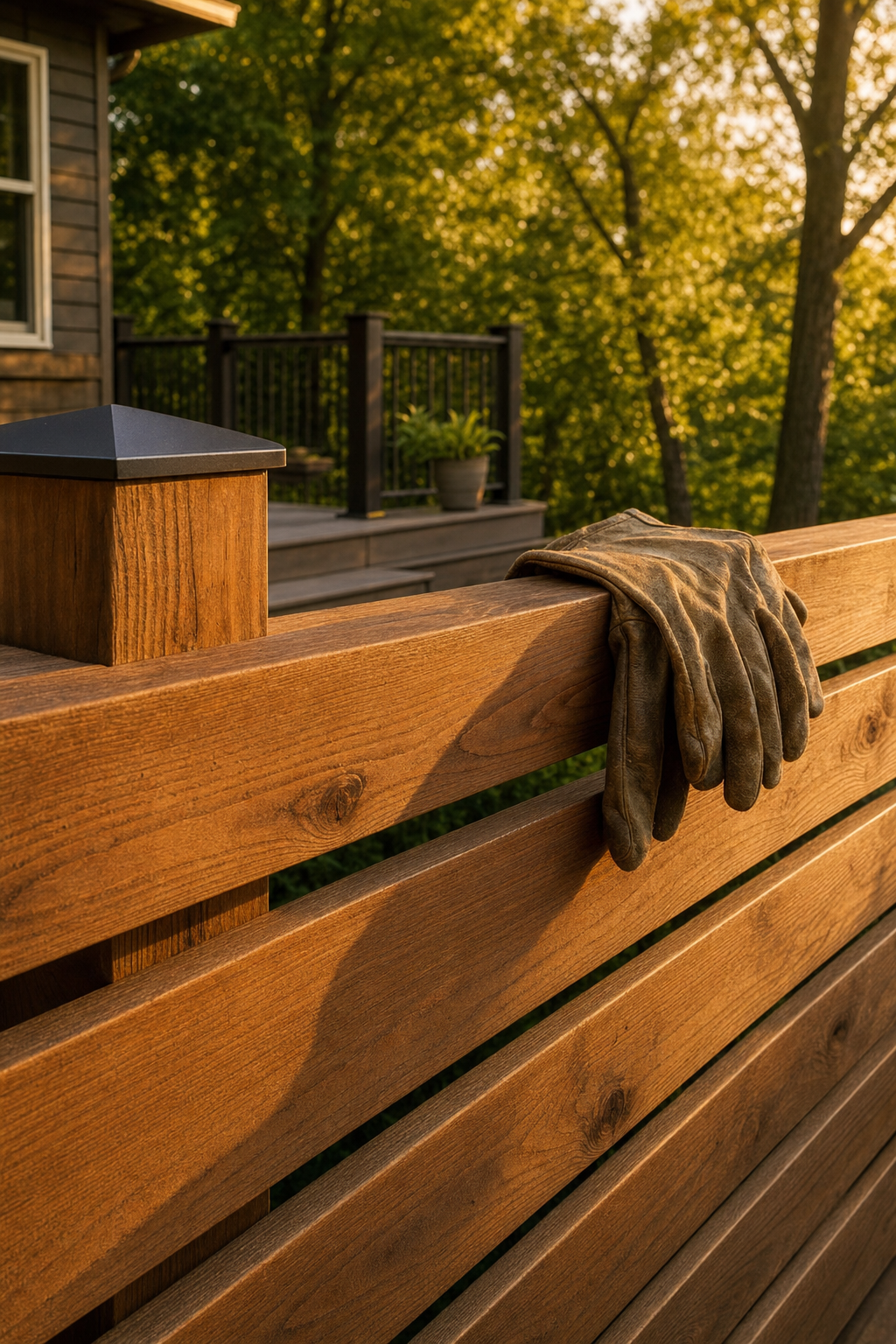 Composite decking provides a high end look with significantly less maintenance than natural wood. A clean and modern deck area with gray composite boards and sleek black railings.