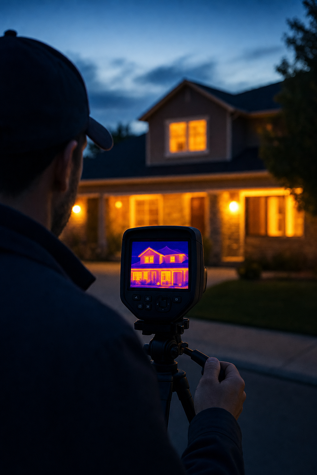 Advanced AI diagnostics help pinpoint energy leaks that simple visual inspections miss. A conceptual graphic showing home energy efficiency metrics and digital analysis icons.