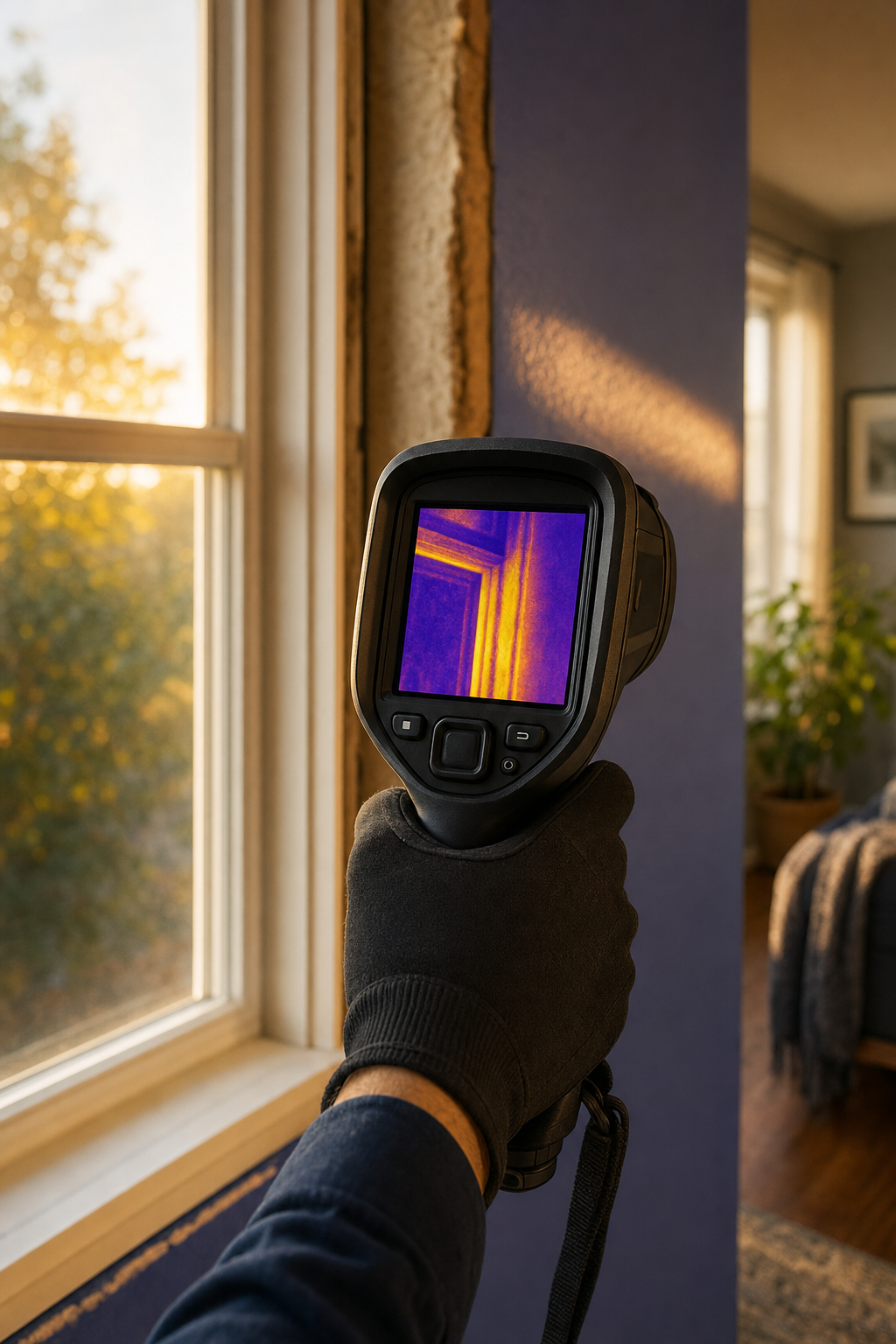 Professional audits use technology like thermal imaging to see what is happening inside your walls. A split screen showing a standard home view versus a thermal energy efficiency map.