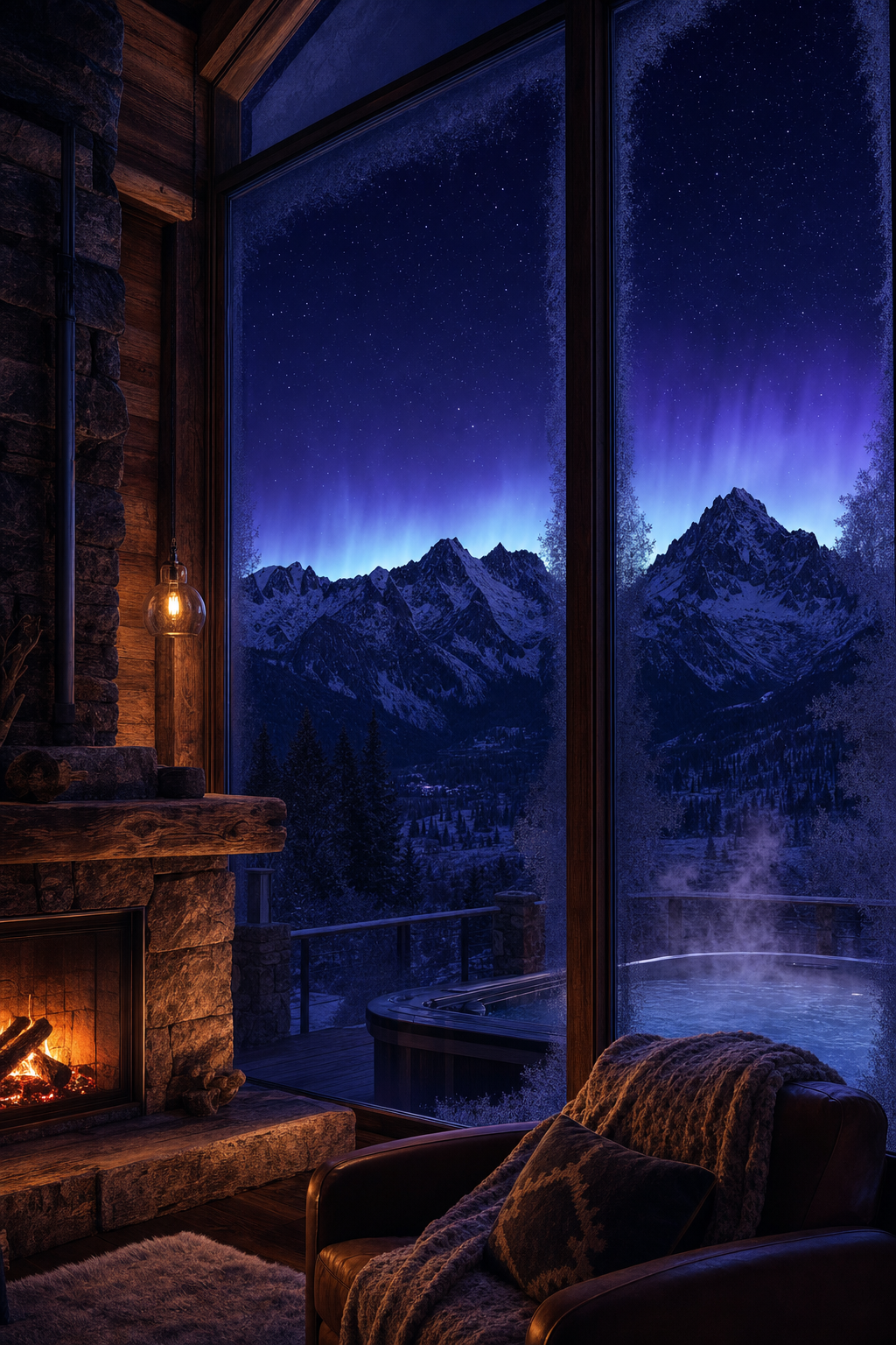 After a day of sledding, retreat to the warmth of Bearview Lodge's spacious living area. A cozy mountain lodge interior with large windows looking out at a snowy forest.
