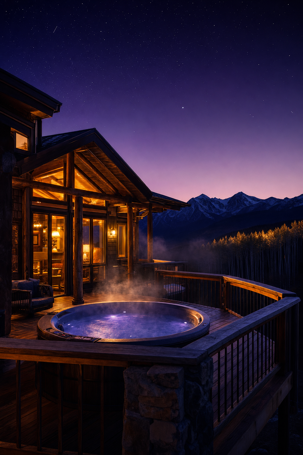 There is nothing more romantic than stargazing from the private hot tub at 10,578 feet. A private outdoor hot tub on a wrap-around wooden deck overlooking the Colorado mountain range.
