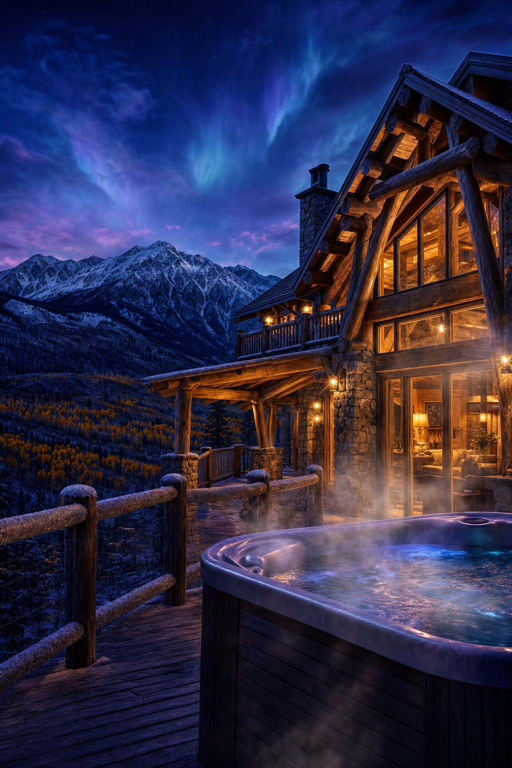 The wrap-around deck is the perfect spot for sunset views and post-hike relaxation. Close up of a private outdoor hot tub on a wooden deck with mountain views in the distance.