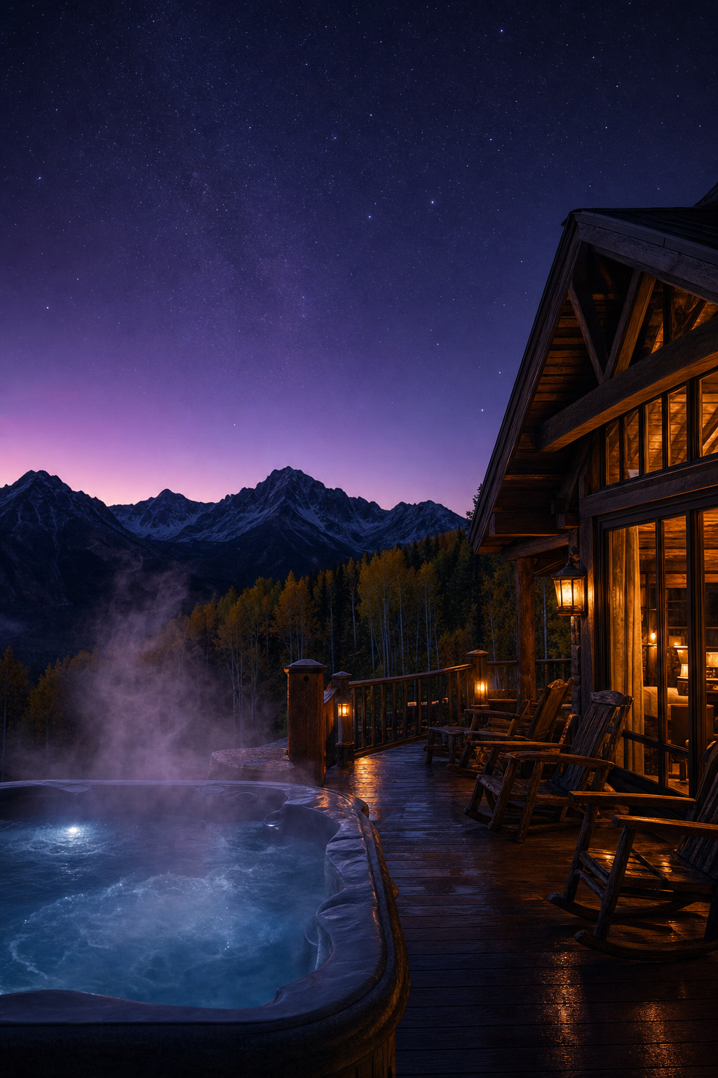 Don't forget your swimsuit for a soak with a view of the Collegiate Peaks. A private hot tub on a large wooden deck overlooking the Colorado mountains at sunset.