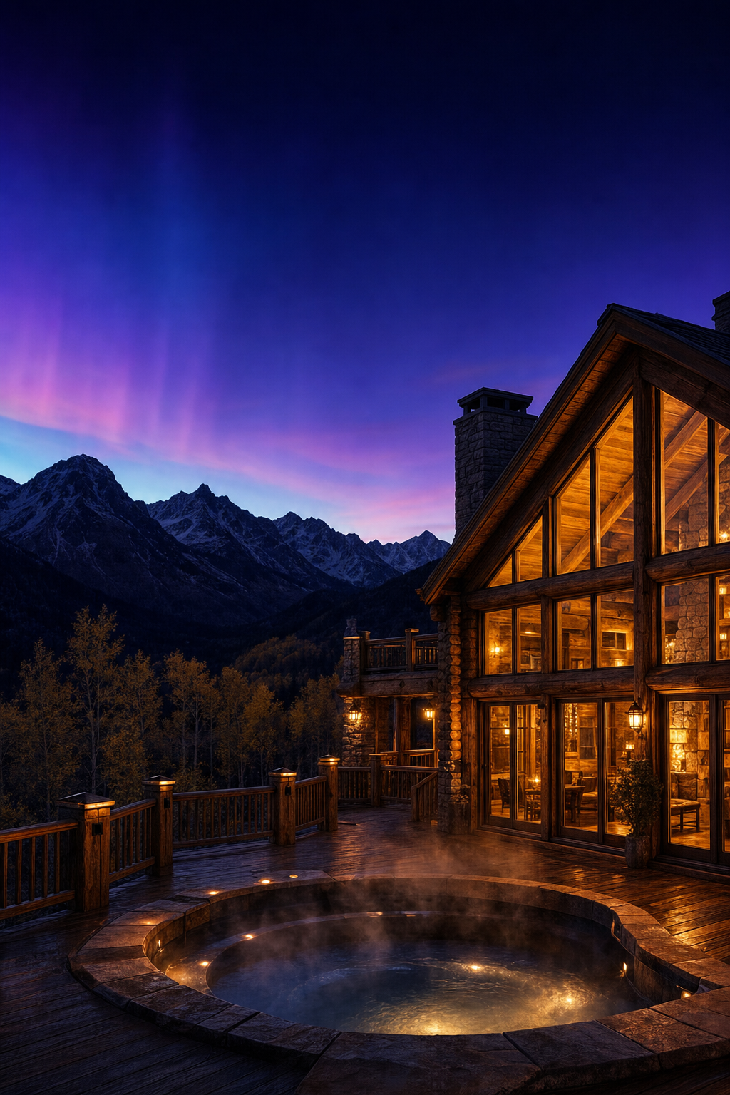 Enjoy ultimate privacy and stunning high-country views from the comfort of our luxury living space. Cozy living room area of a luxury mountain lodge with large windows overlooking pine trees and mountains.
