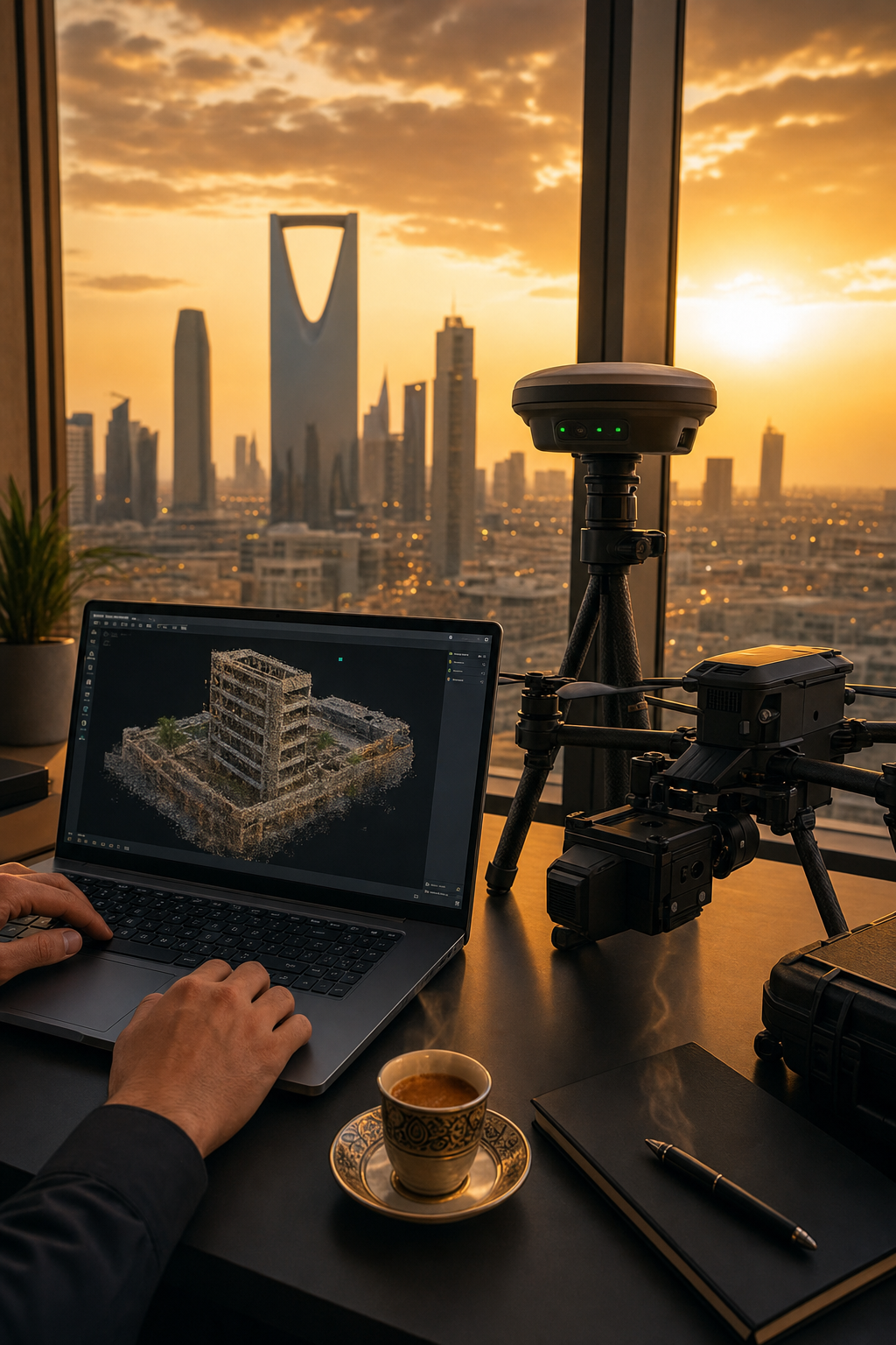 Centimeter-level accuracy is achieved through the synergy of RTK technology and expert pilot mission planning. A drone pilot using a controller with an RTK survey drone visible in the background against a clear sky.