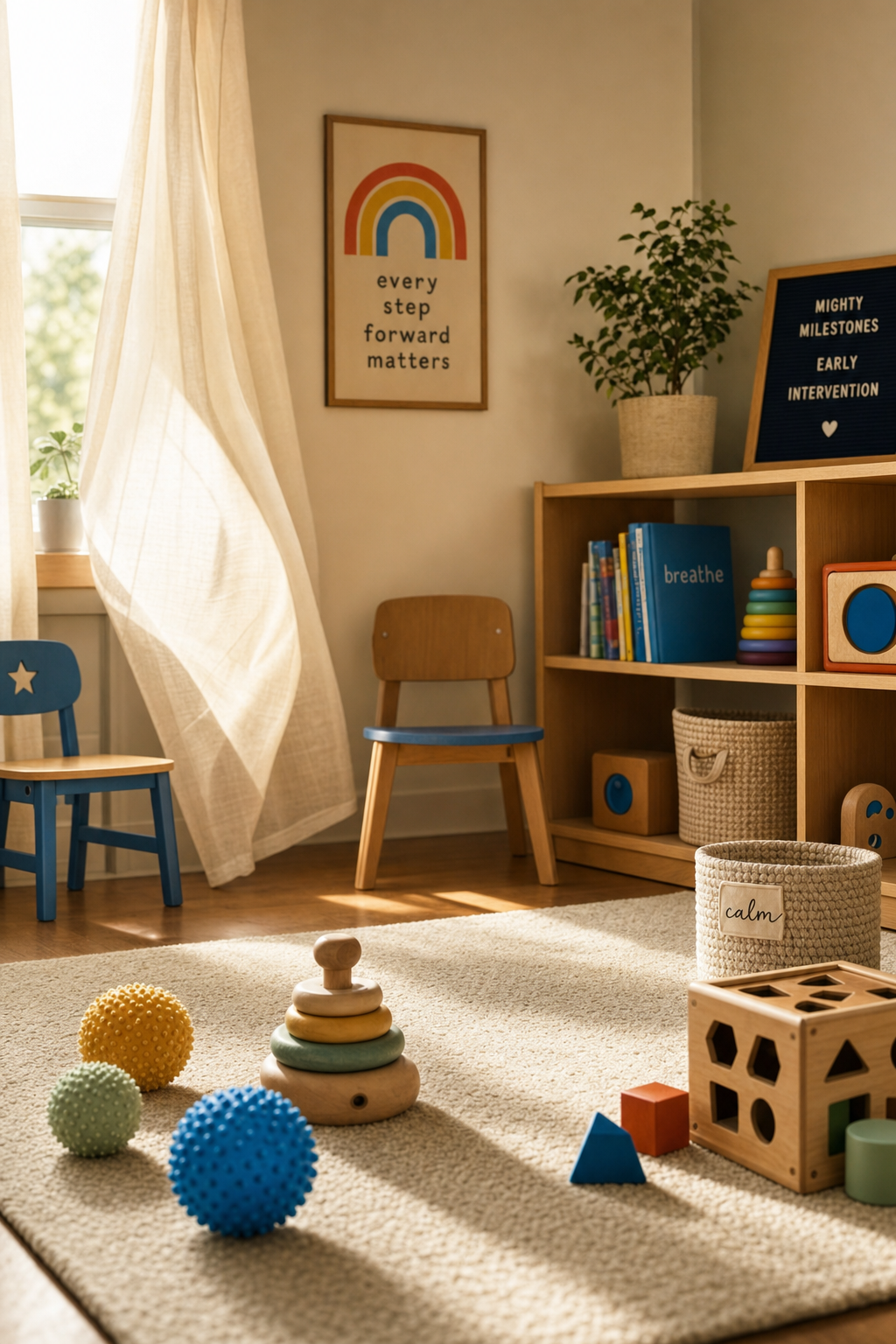 Evaluations are designed to identify your child's unique strengths and needs in an educational setting. A professional therapist conducting a developmental evaluation with a young child using play-based tools.