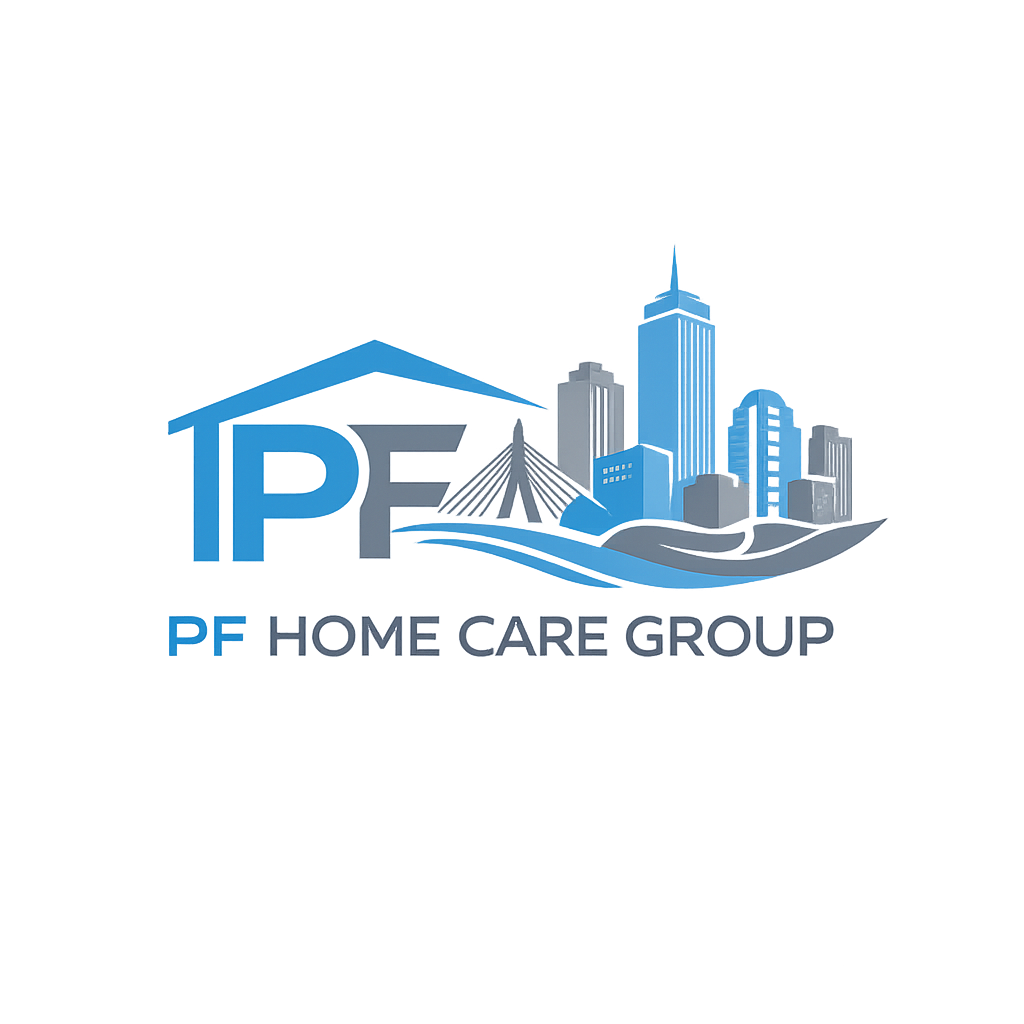 Abstract logo for PF home care group with Boston skyline in sky blue and gray tones
