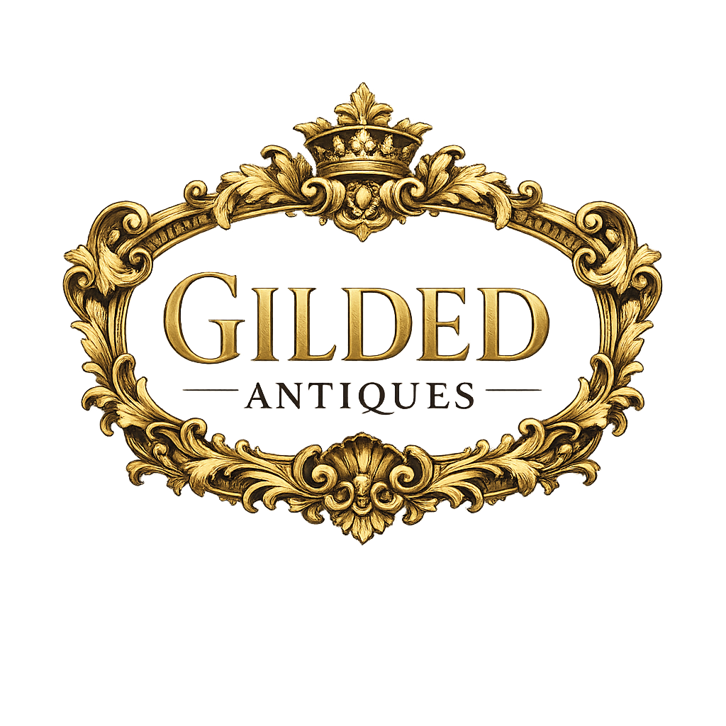 Sophisticated logo for Gilded Antiques with ornate frame and serif typography