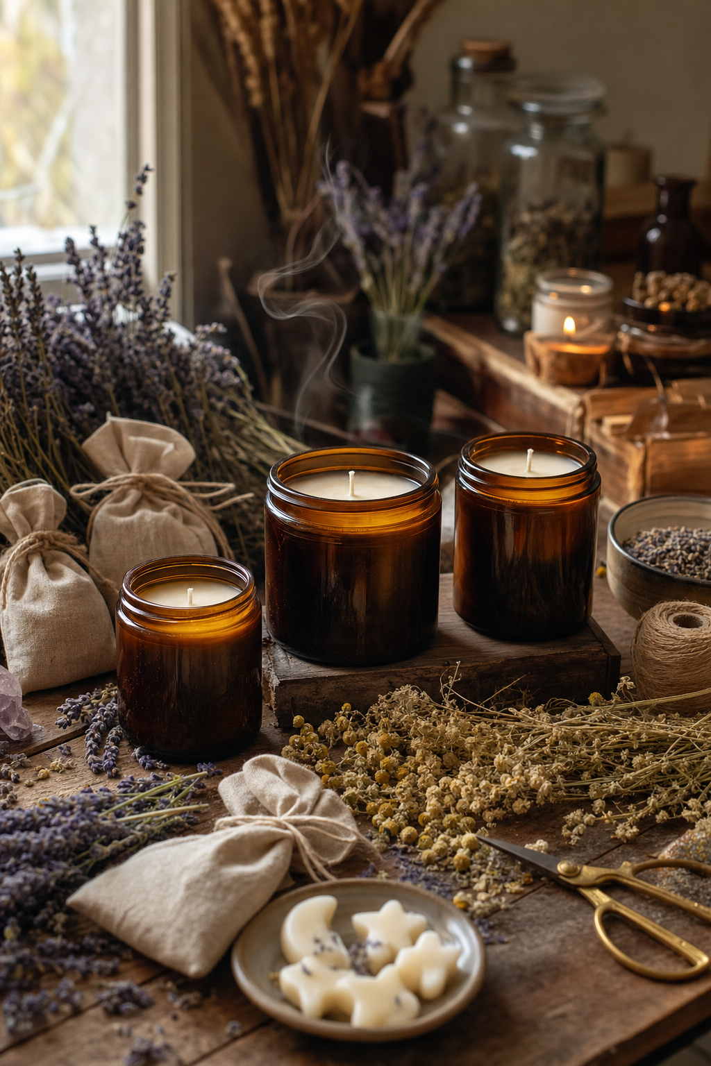 Choosing handcrafted candles ensures your ritual is supported by high-quality, intentional ingredients. Handcrafted candles and botanical wellness products styled in a cozy apothecary setting.