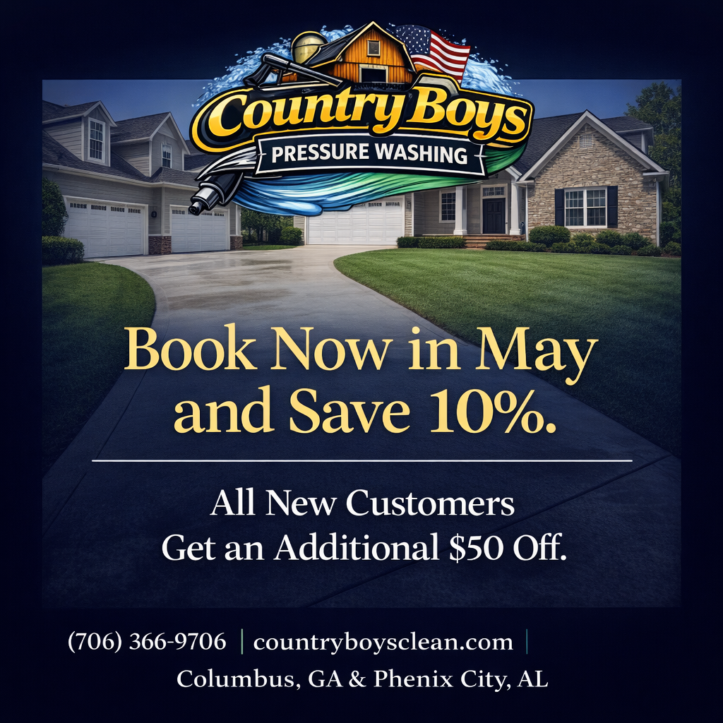 Professional soft washing treats the root cause, not just the surface stain. Country Boys Pressure Washing professional soft washing a home exterior in Columbus Georgia
