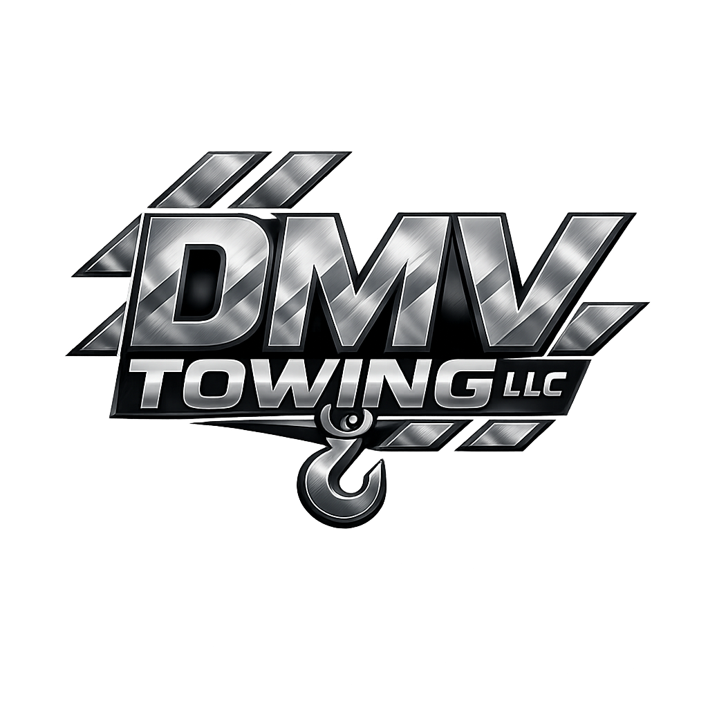Logo of DMV Towing LLC with diagonal stripes and metallic gray palette