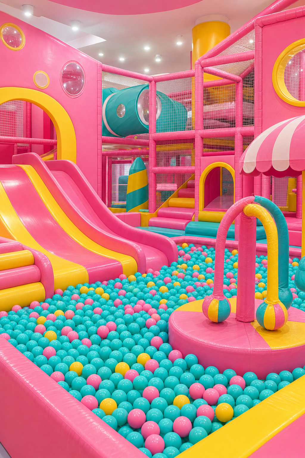 Observing from the sidelines allows children the freedom to explore and problem-solve independently. A bright and inviting party area at an indoor playground where parents can watch their children play safely.