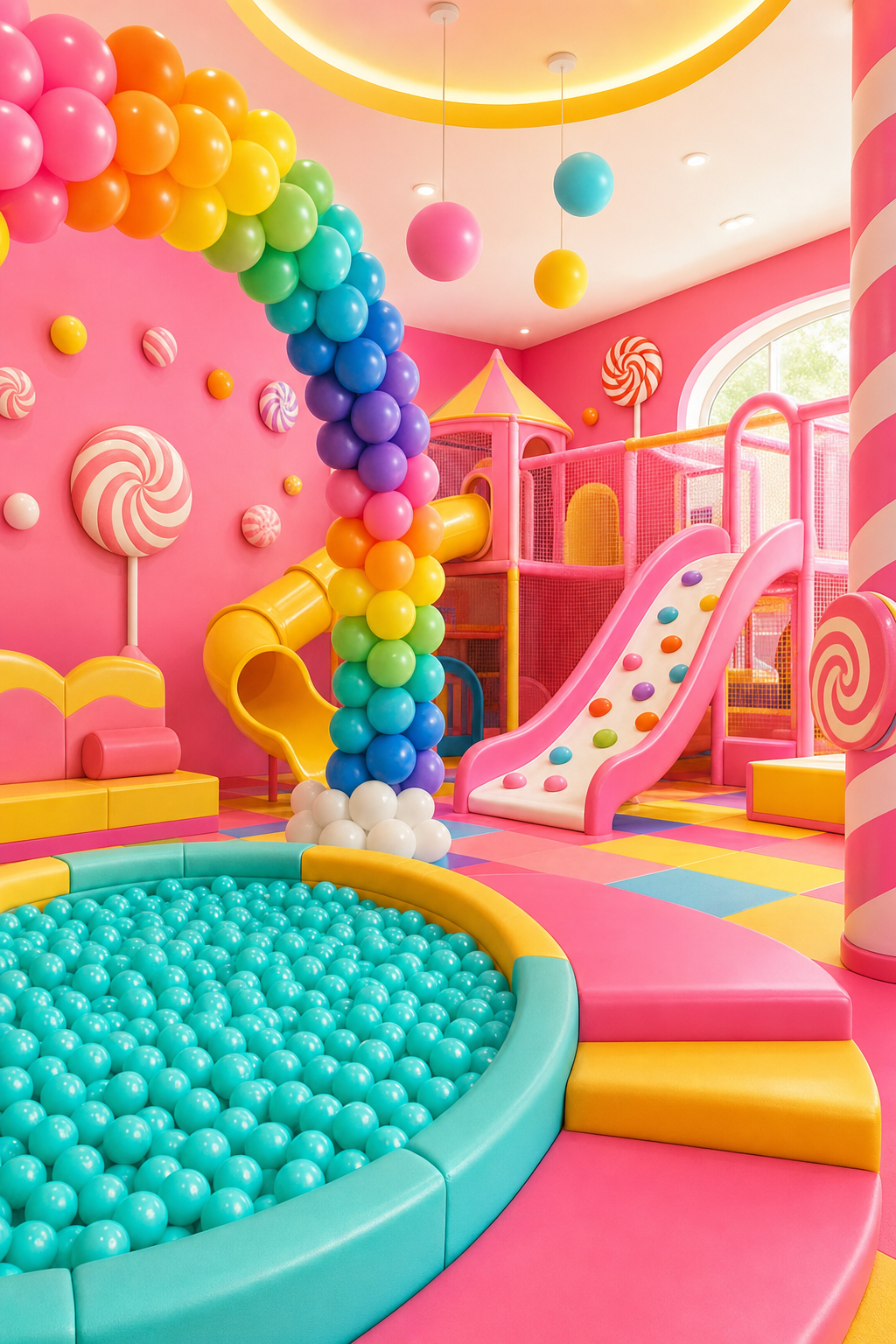 Indoor playgrounds are natural social hubs where kids learn to interact and build friendships. A group of kids celebrating at a birthday party, showcasing the social connections built through shared play.