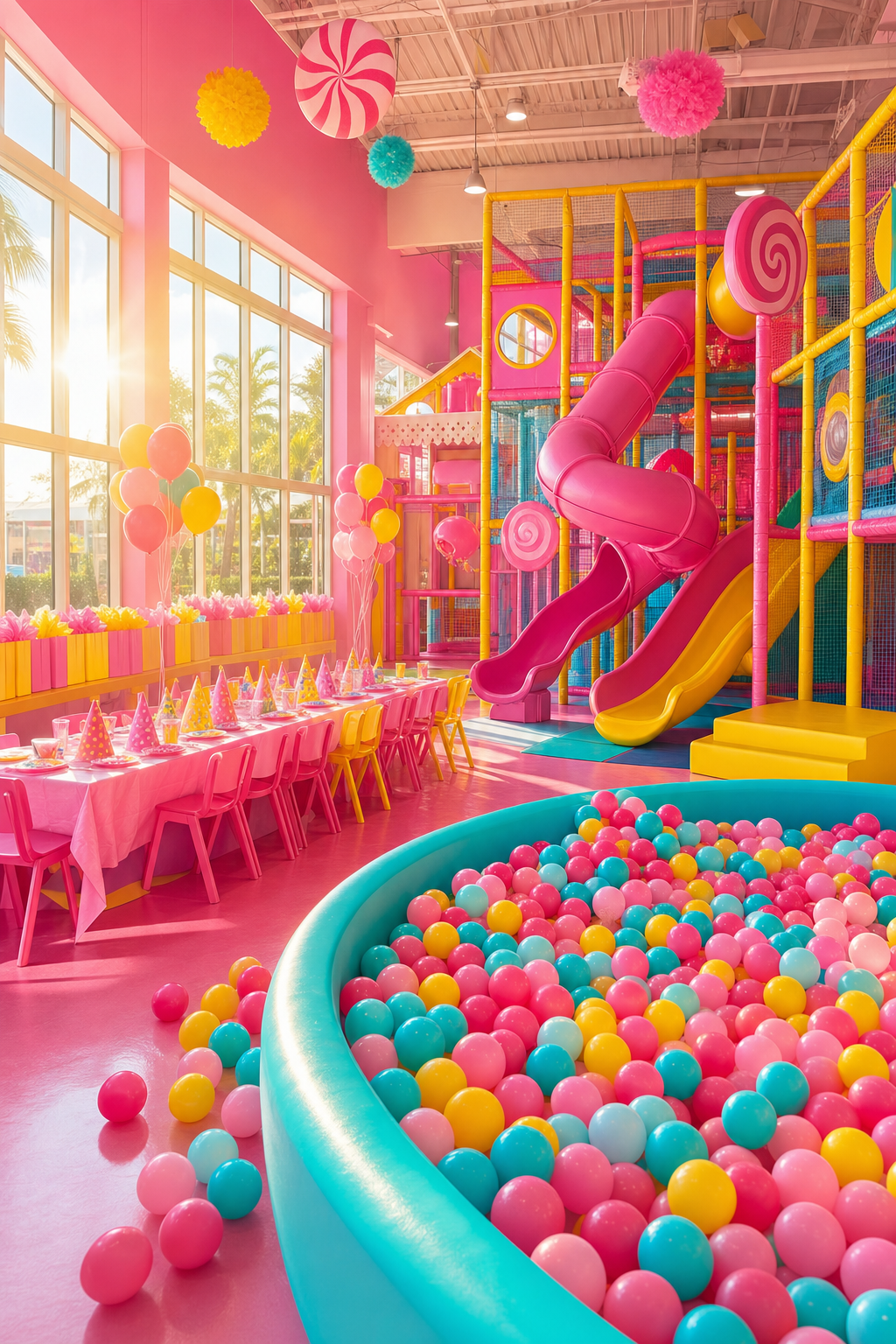 Your first visit might lead to the ultimate birthday celebration! Excited children and festive decorations at a birthday party held at Lollipops Indoor Playground.