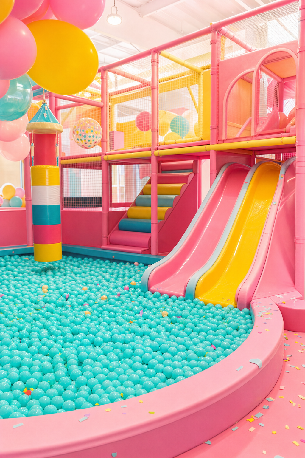Indoor playgrounds offer a reliable escape from Orlando's unpredictable afternoon rain showers. Happy kids celebrating a birthday party together indoors away from the Florida heat