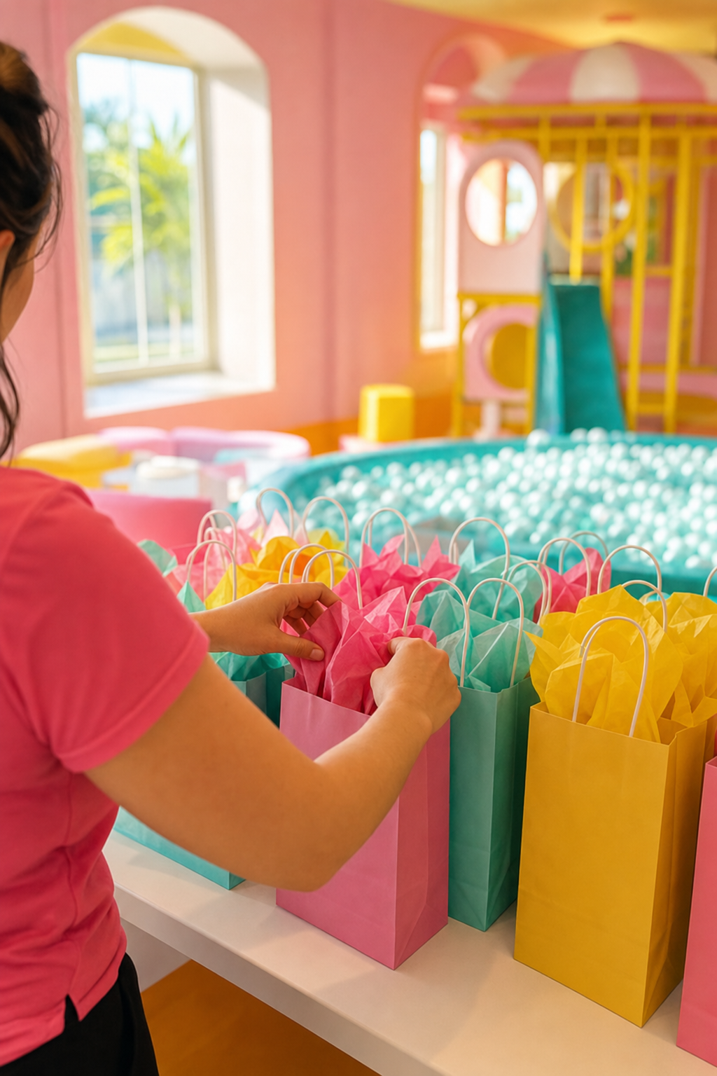 Indoor playgrounds provide the perfect 'arena' for a high-energy soccer themed birthday. Excited children playing in an active indoor playground environment perfect for a soccer themed party.