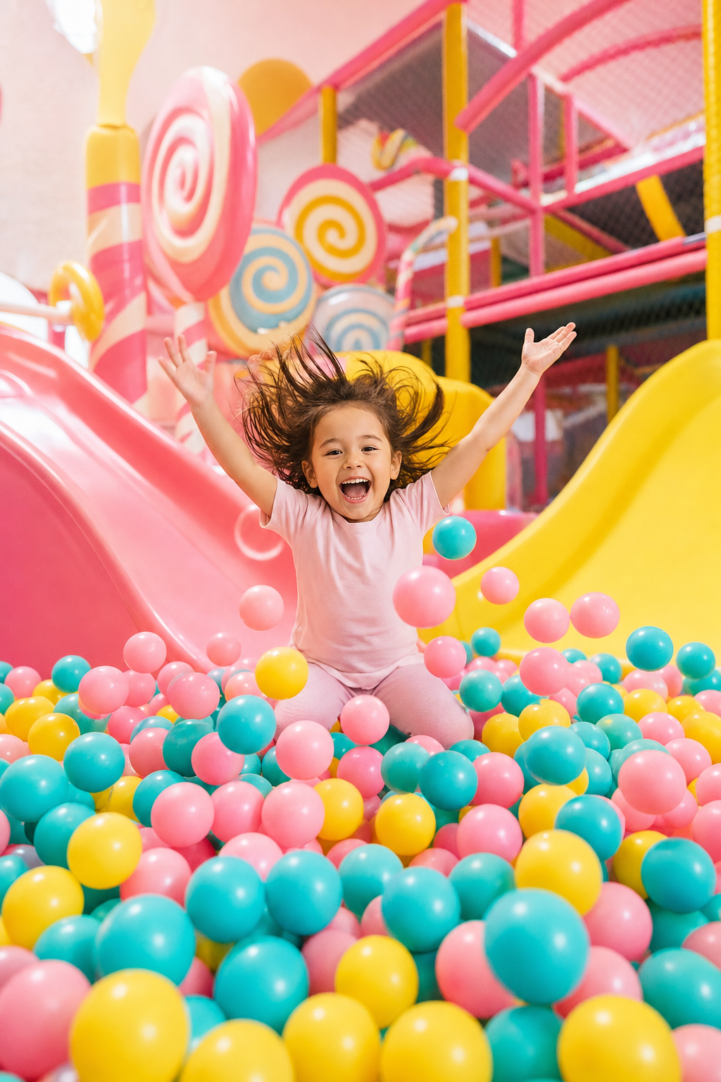 Our party packages include food and drinks, so you can focus on the fun. Group of happy kids at an Orlando indoor playground birthday party.