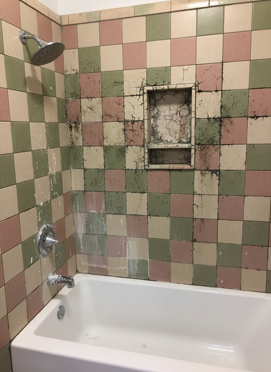 Saying goodbye to the past: Old tile and grout patterns are being replaced by seamless, low-maintenance surfaces. An outdated bathroom with dingy square pink ceramic tiles and discolored grout