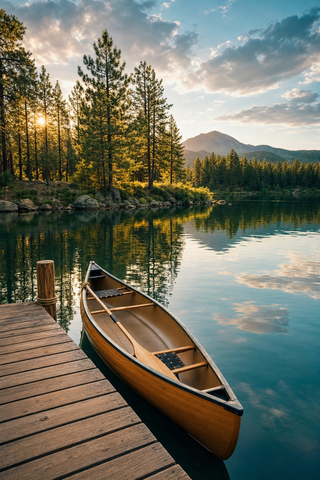 We provide all the transport equipment you need to get your rental from our shop to the lake. Two kayaks secured to the roof of a vehicle parked near a forest trail.