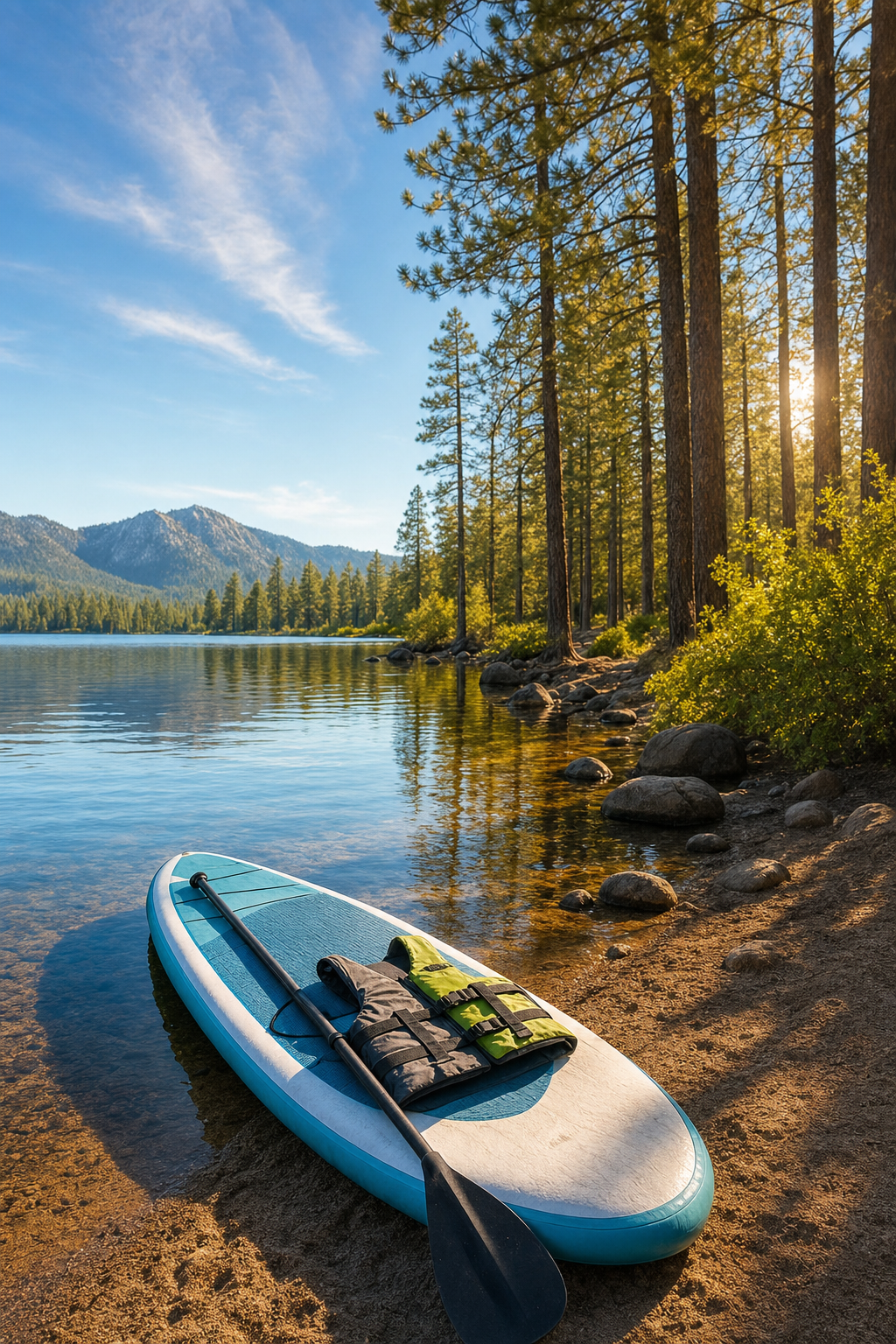 Stand-up paddleboarding is a favorite for those seeking both balance and a great view of the Rim. A person paddling a stand up paddleboard on a calm mountain lake.