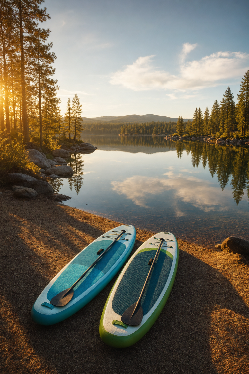 We provide all the gear, including safety equipment and transport supplies, for your 24-hour rental. Close up of outdoor rental equipment including paddles and life jackets.