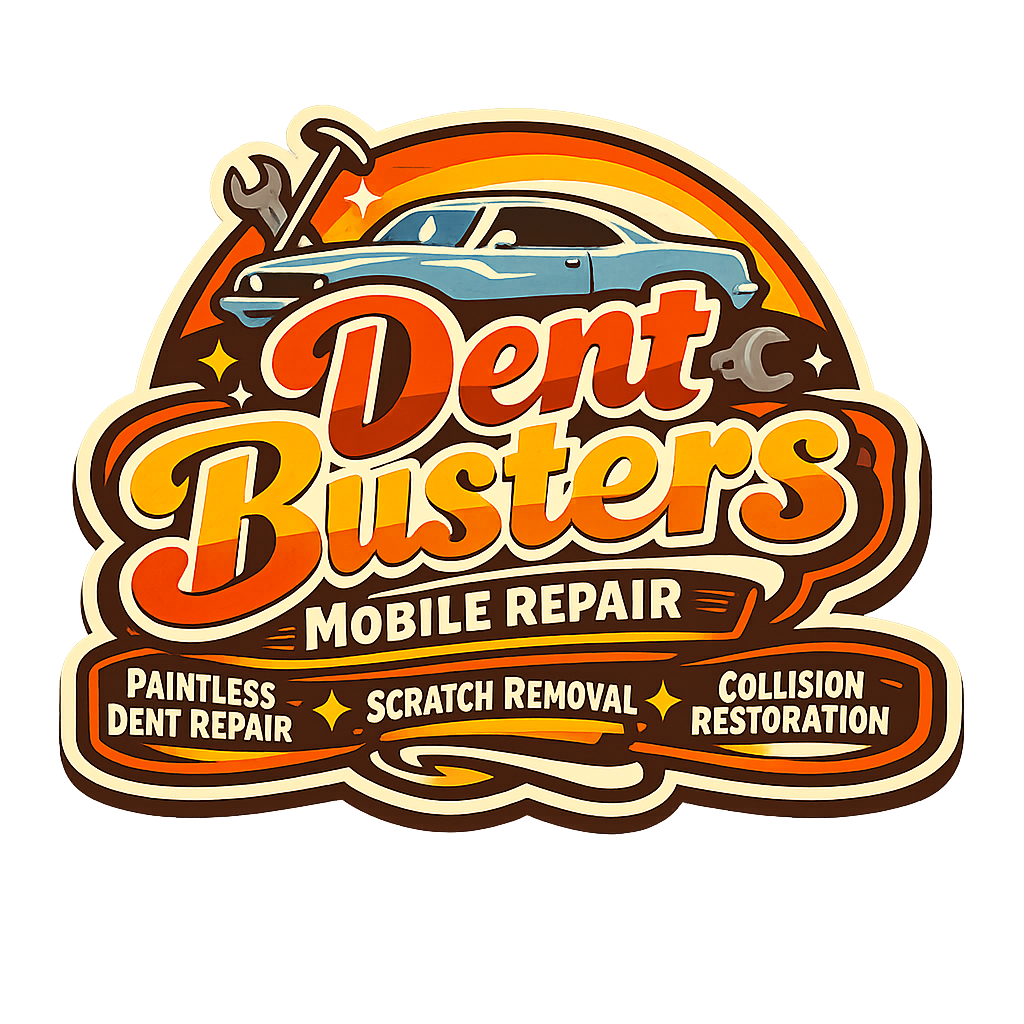 Retro 70s logo for Dent Busters Mobile Repair with rounded typography and subtle car or tool motifs, highlighting paintless dent repair, scratch removal, and collision restoration.