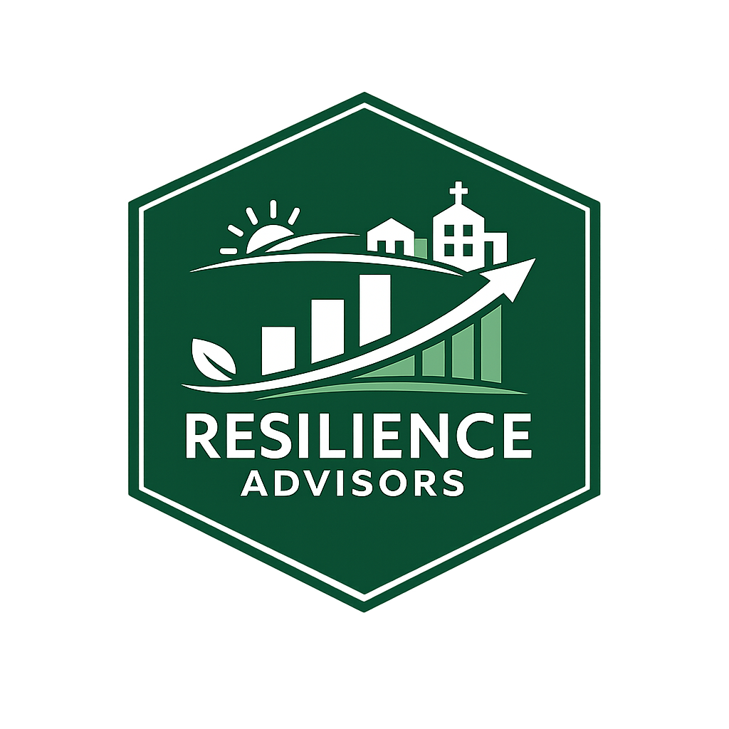 Logo of Resilience Advisors in a hexagon with dark green and white colors