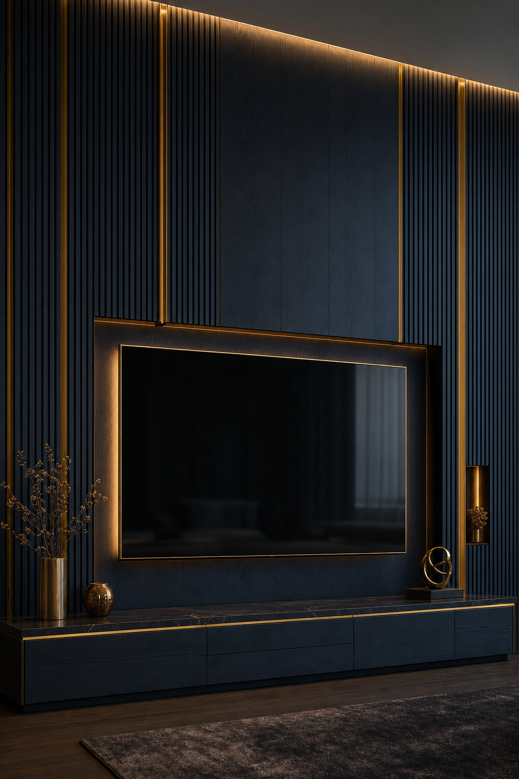 Planning the structural and technical layout of a media wall before the finishing touches. Behind the scenes look at a luxury interior renovation showing custom media wall construction and technical planning.