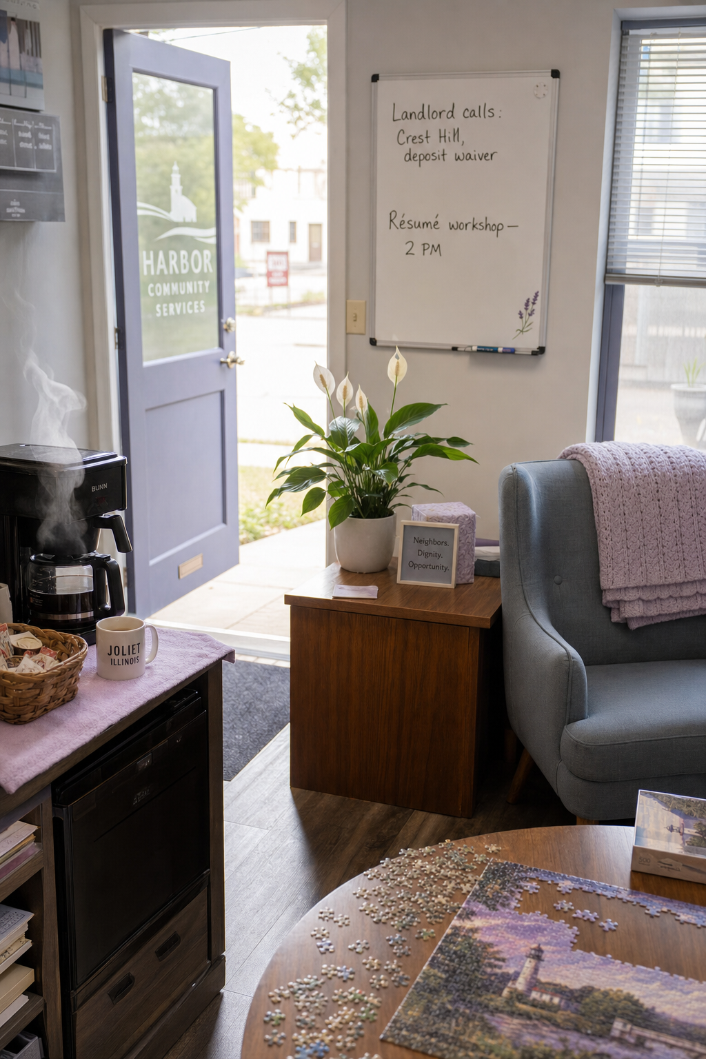 Peacefulight NFP office on a quiet Tuesday morning — front door propped open, coffee brewing, half-finished puzzle on the table, peace lily blooming on a desk, whiteboard with housing notes visible. Warm, welcoming atmosphere.