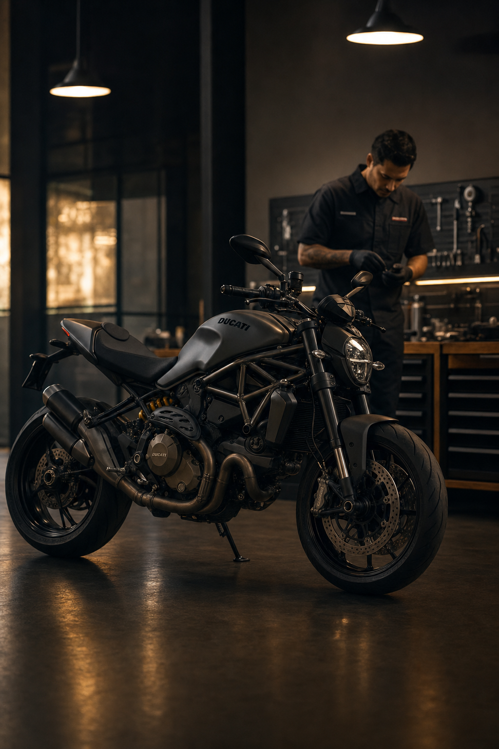 Regular fluid inspections are vital to prevent overheating and brake failure in the UAE heat. Expert motorcycle mechanic inspecting the underside and fluid lines of a sport bike in a professional service center.