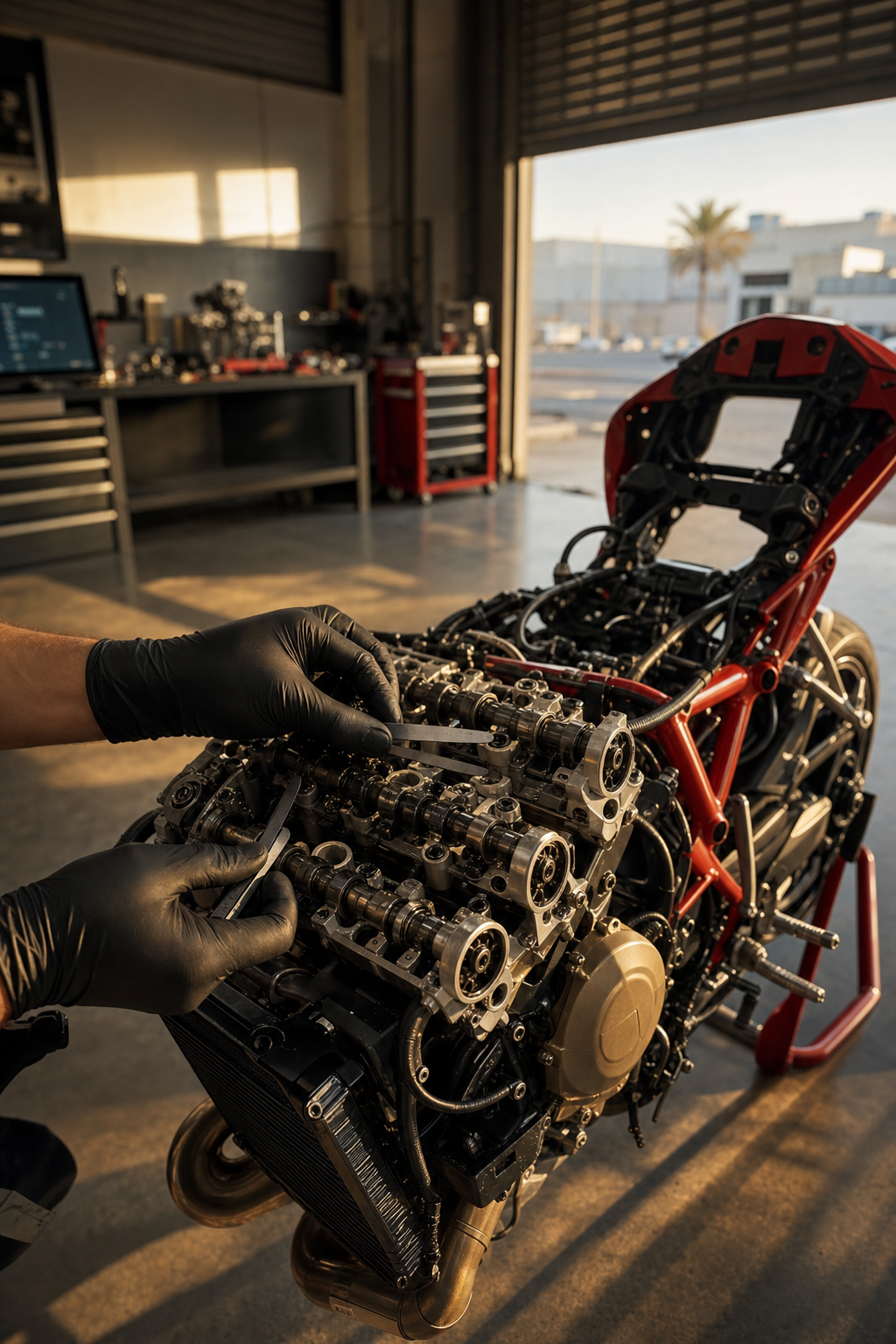 Digital diagnostics help identify how Dubai's heat affects your Ducati's electronics and engine performance. Mechanic in a modern workshop using a digital diagnostic tablet to scan a motorcycle's onboard computer systems.