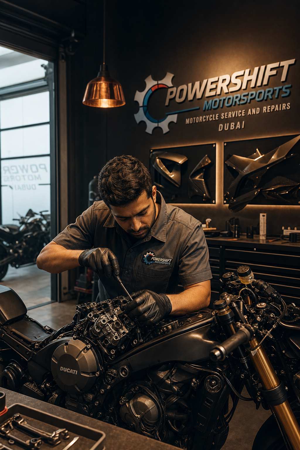 Precision is key during a Desmo service where valve clearances and timing belts are meticulously adjusted. Close up view of motorcycle transmission gears and engine components laid out on a clean workbench for service.