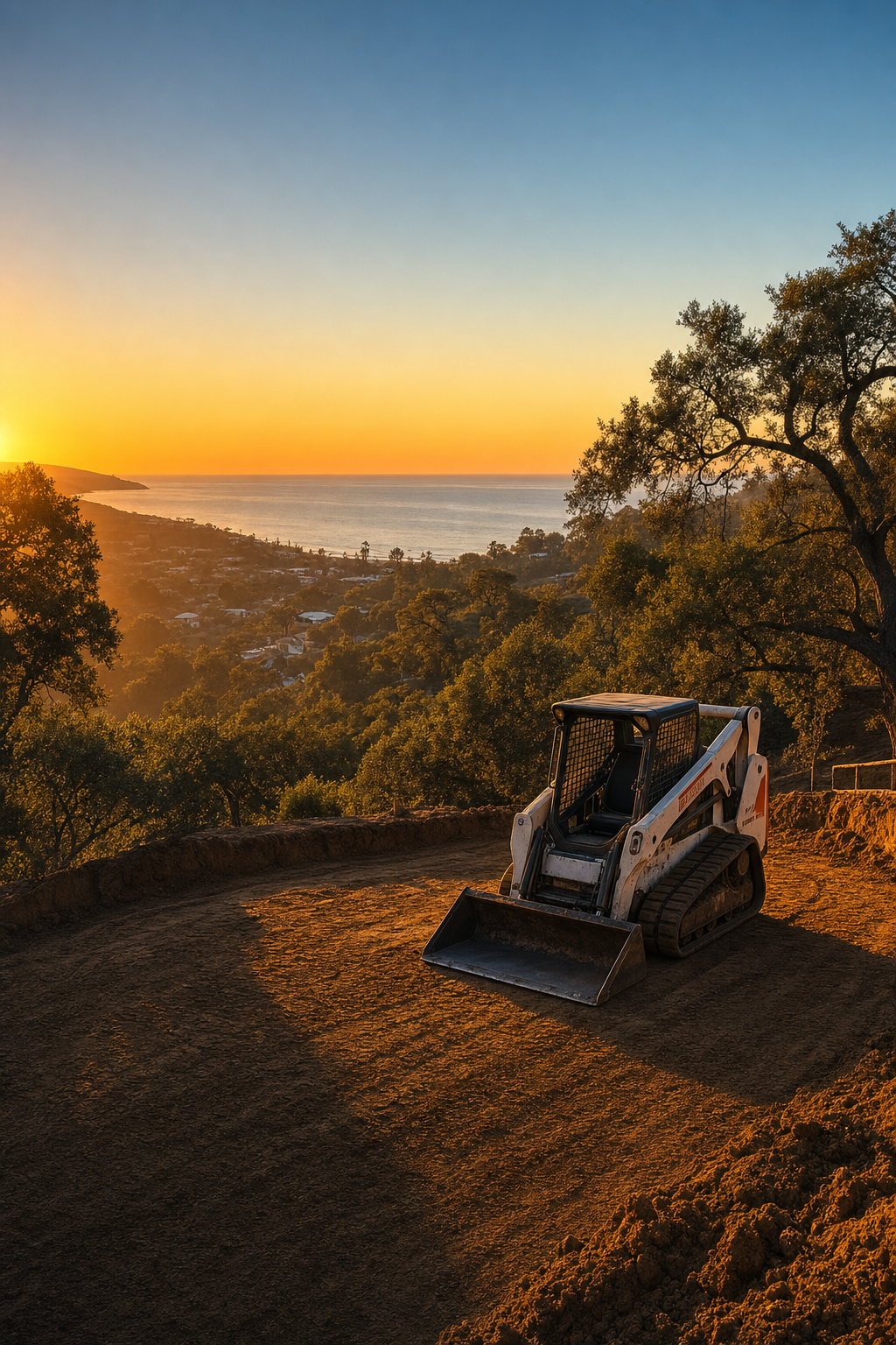 Clearing debris and resetting the grade is critical before the heavy rains of an atmospheric river arrive. A Bobcat operator clearing land and preparing site drainage for a new construction project in Laguna Beach.