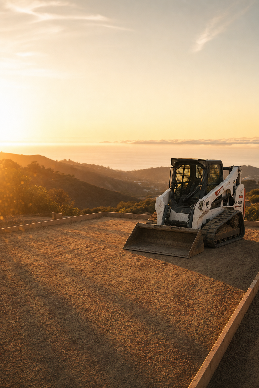 Managing water flow on Orange County hillsides requires expert grading and strategic drain placement. A construction site on a hillside overlooking the ocean, showing slope preparation and earthwork.