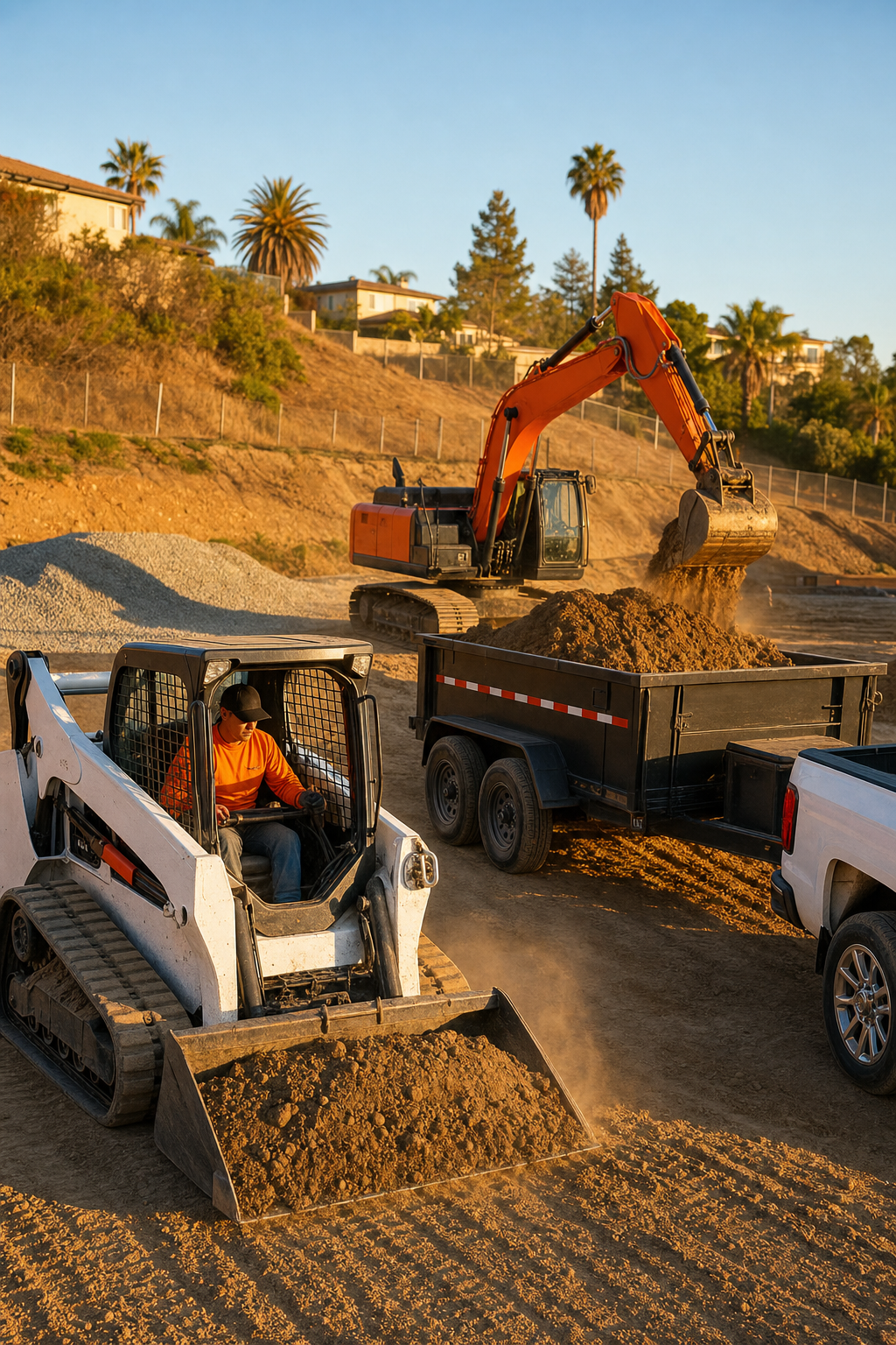 Precision grading is essential for hillside lots to ensure long-term wall stability. A compact Bobcat loader maneuvering on a dirt slope for grading and site preparation.