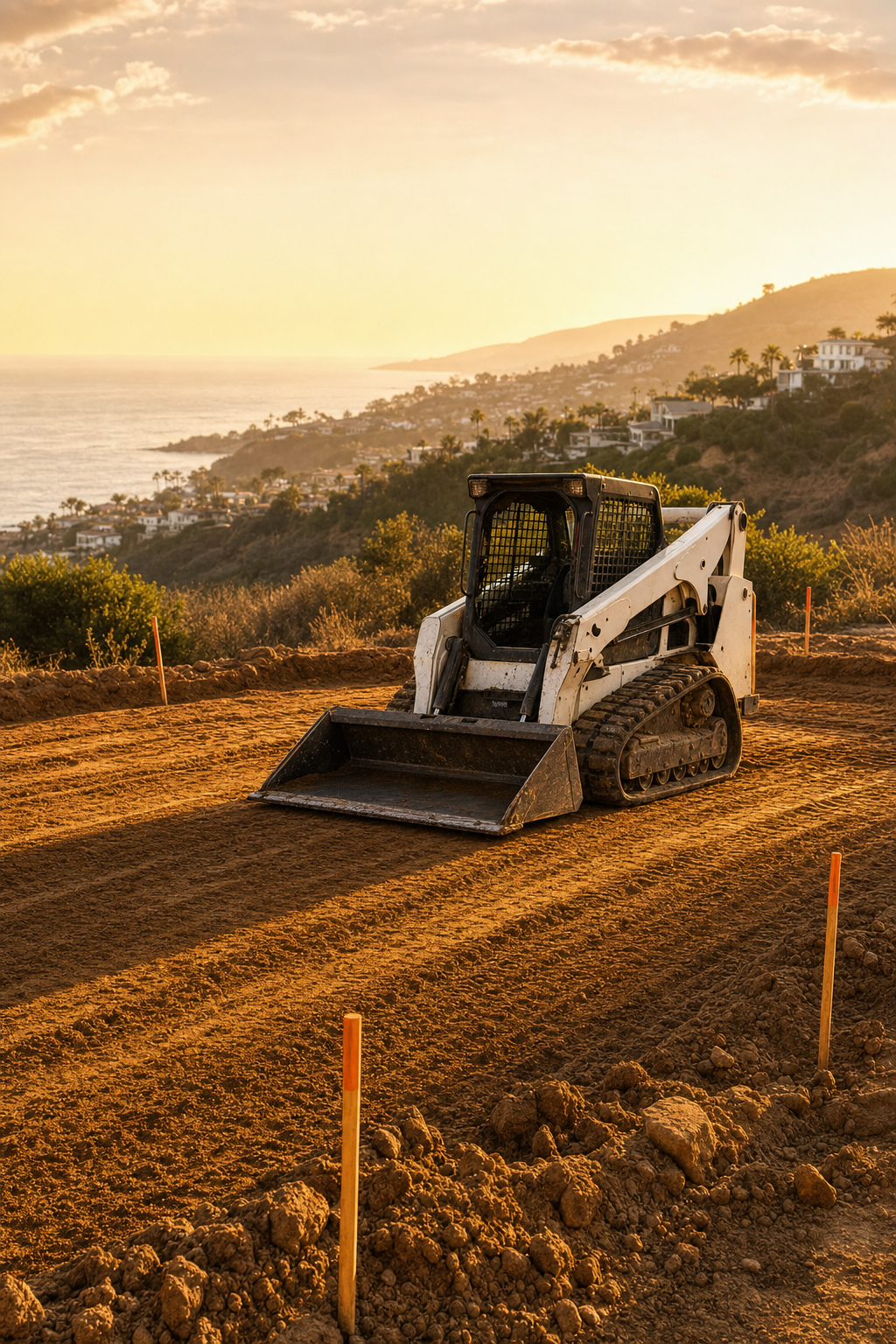 Specialized machinery allows for efficient excavation of the wall footer and sub-base. Professional site work equipment parked on a cleared residential lot ready for excavation.