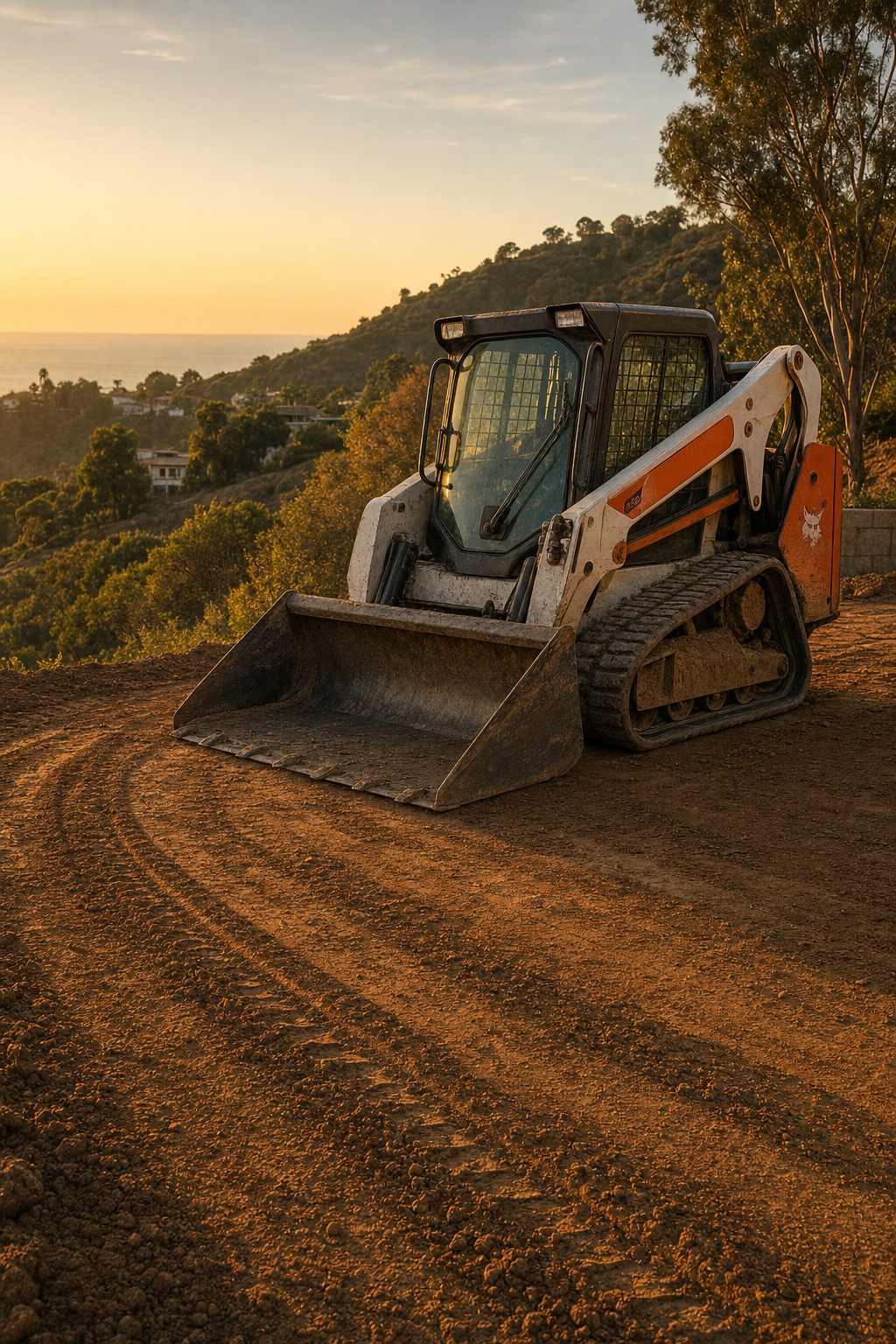 Owning specialized equipment like Bobcats ensures the sub is ready when the schedule demands. A Bobcat operator performing precise grading work, demonstrating the equipment needed for site work.