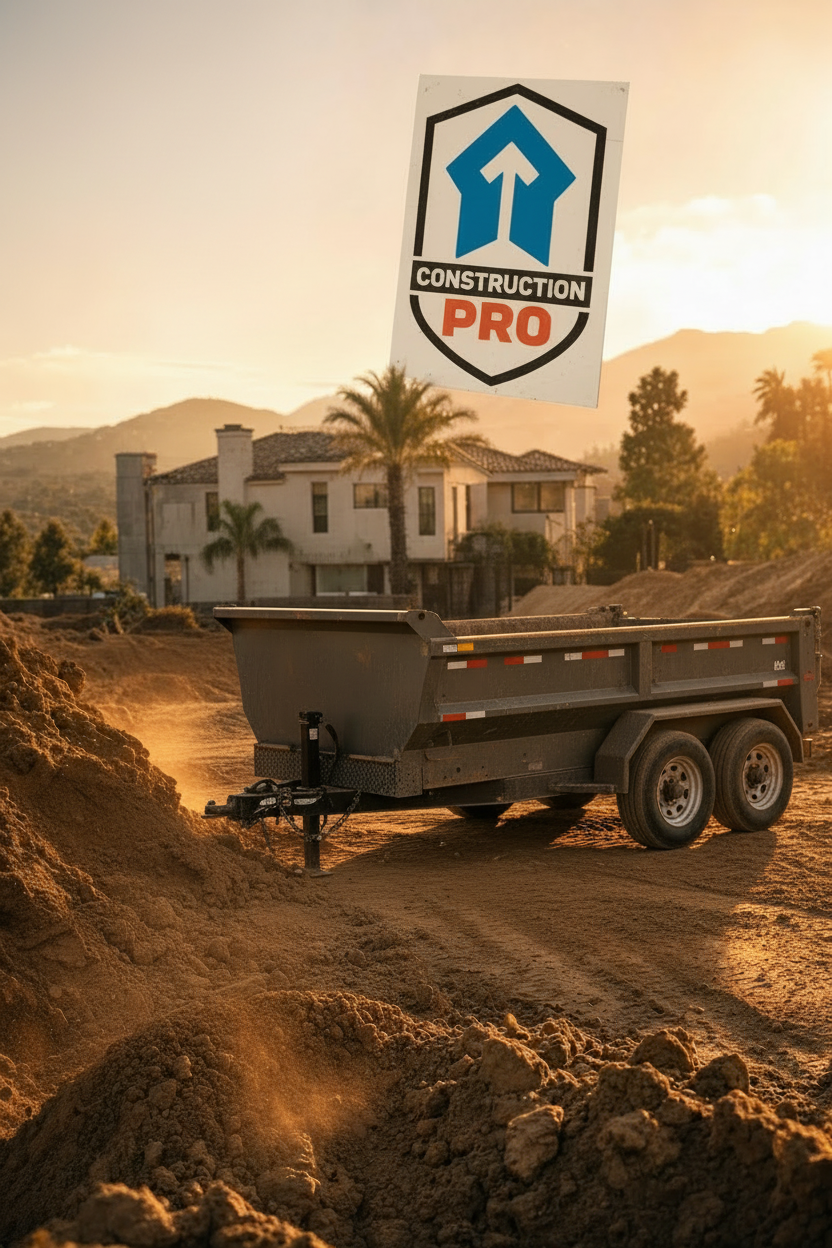 Professional hauling and grading are essential steps after clearing land to prevent erosion and mudslides. Site work equipment including a dump trailer used for hauling debris and site preparation.