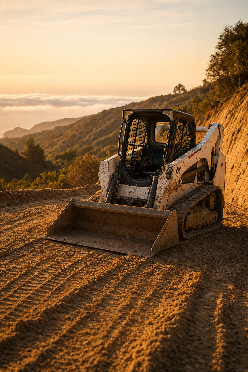 Specialized equipment allows for accurate trenching in Orange County's challenging clay and hillside terrain. A compact excavator working in tight access conditions near a hillside property in Orange County.