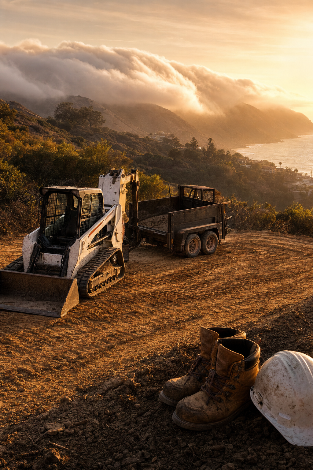 Professional hauling is a critical component of the demolition process, ensuring all debris is legally disposed of at OC landfills. A large dump trailer being loaded with concrete debris from a residential demolition site.
